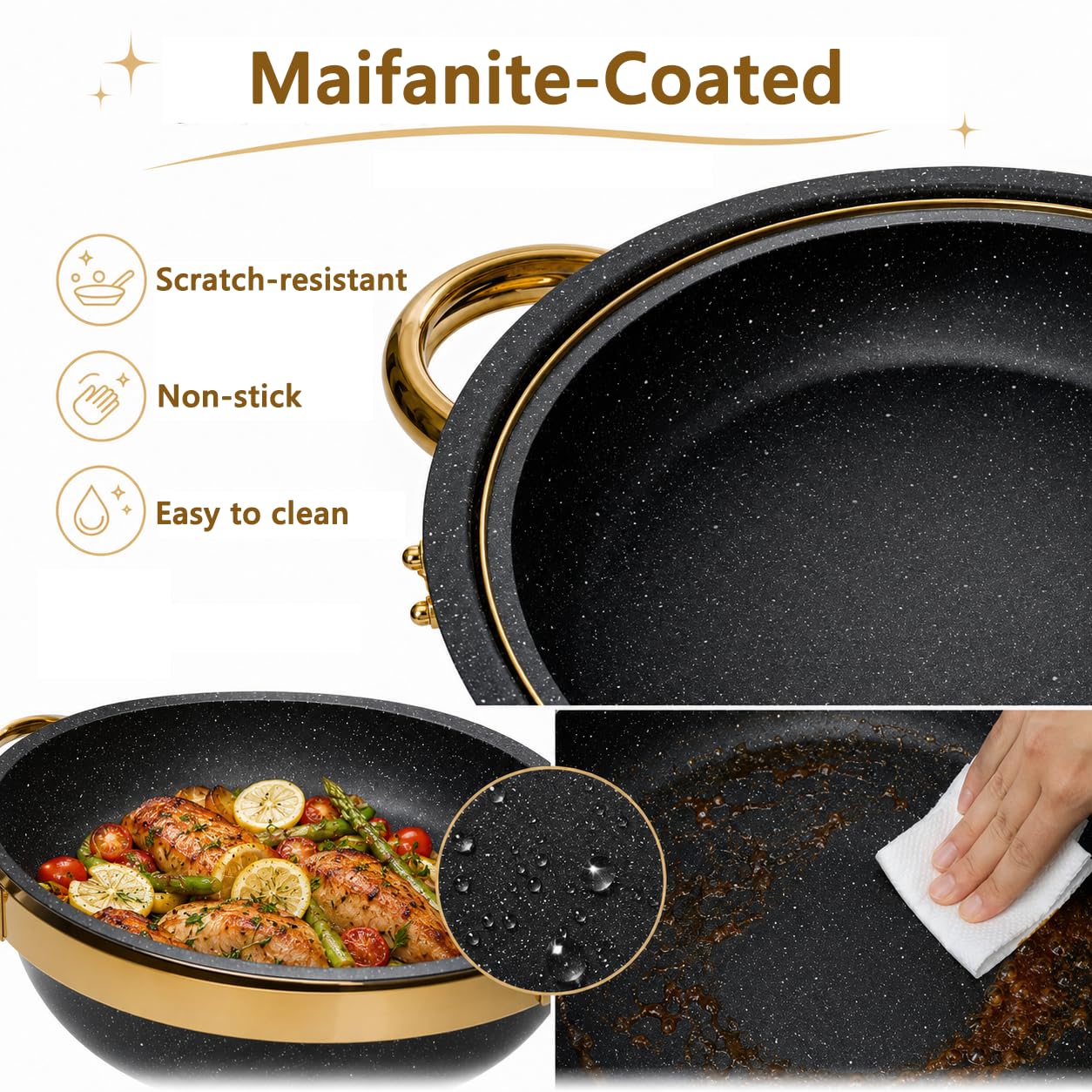 Juego de 2 recipientes para buffet de platos negros con revestimiento de maifanita, redondos, con tapa transparente, acero inoxidable dorado, para fiestas y eventos de catering