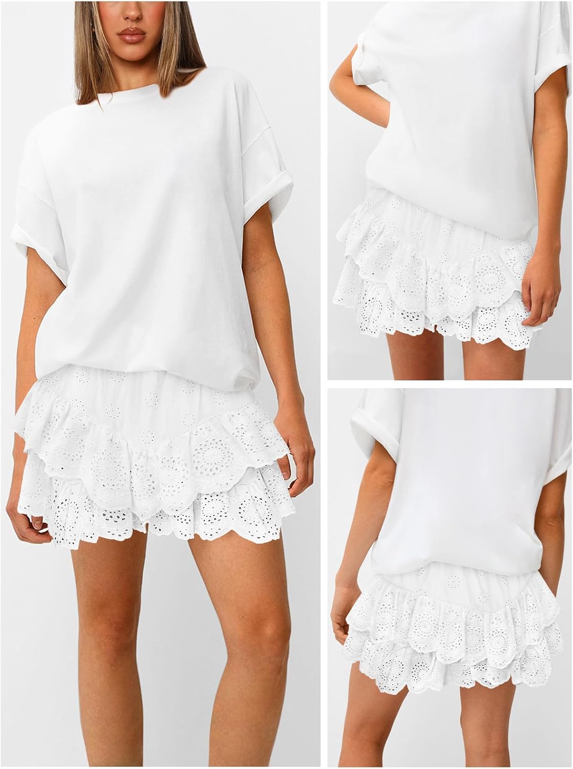 Women's Mini Skirts for Women High Waist Ruffle Skirt Smock Eyelet Solid A Line Summer Party Beach Short Skort - Image 2