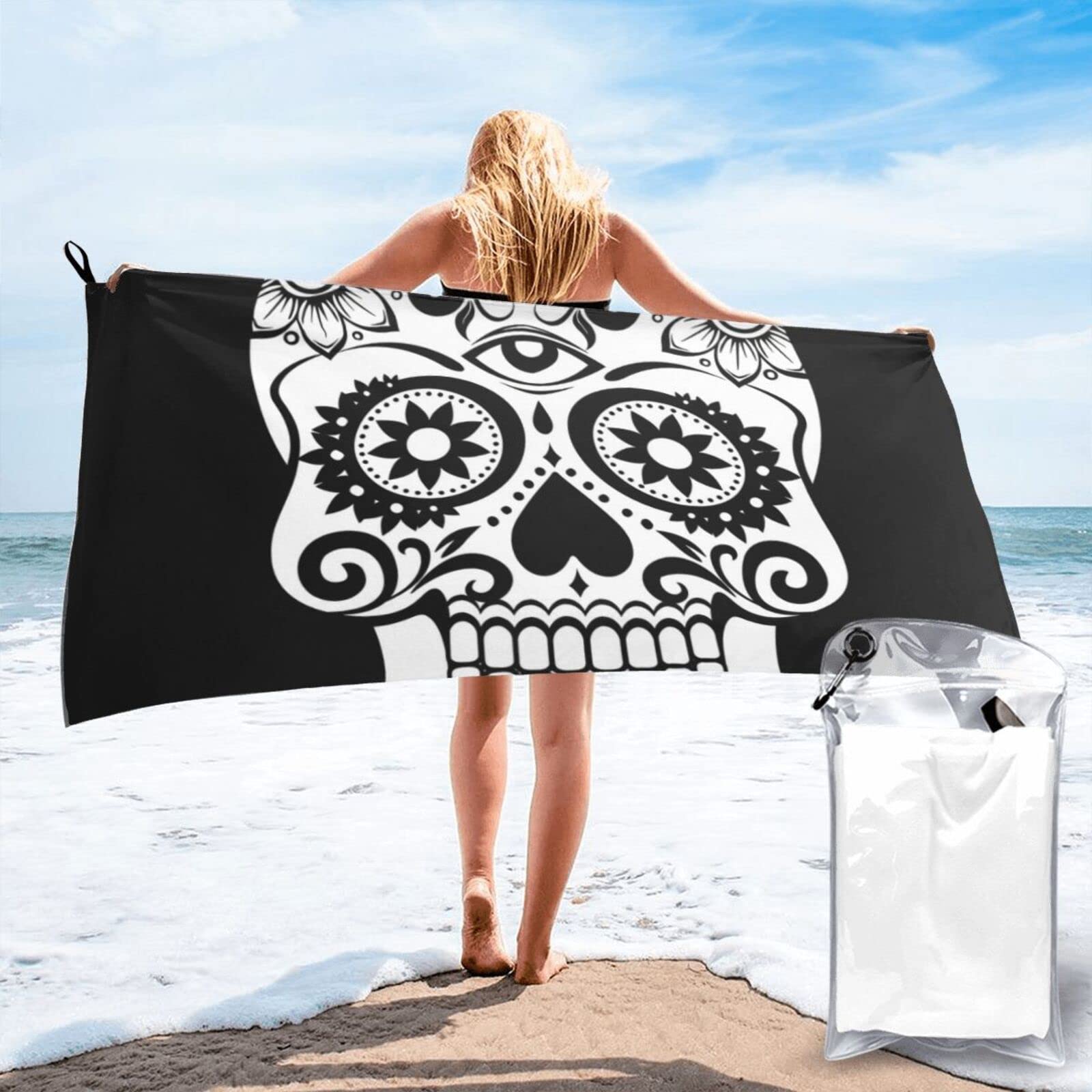 Lawenp Floral Skull Microfiber Beach Towel Adults Large Quick Drying Bath Towel Travel Towels with Pouch 31.5"x63"