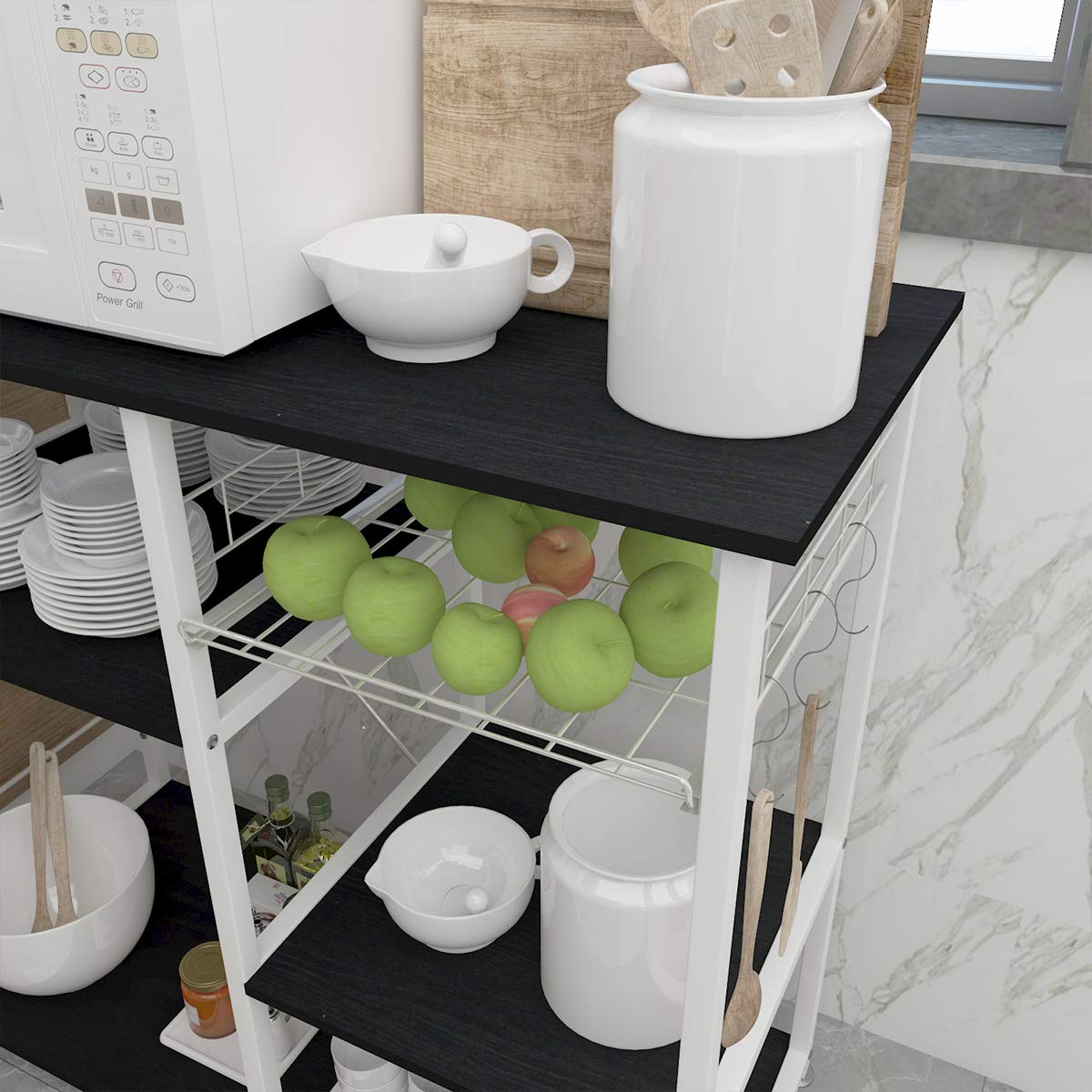 DlandHome Scaffale Cucina Salvaspazio, Supporto per Microonde e Forno, Mensola Cucina per Mettere Piatti e Ciotole, 6 Portaspezie con 1 Cestello in Ferro + 3 Gancio, Nero