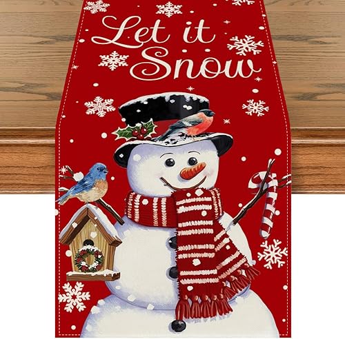 Camino de mesa de muñeco de nieve navideño de 13 x 90 pulgadas, muñeco de nieve y ruiseñor, camino de mesa rojo antideslizante para decoraciones de