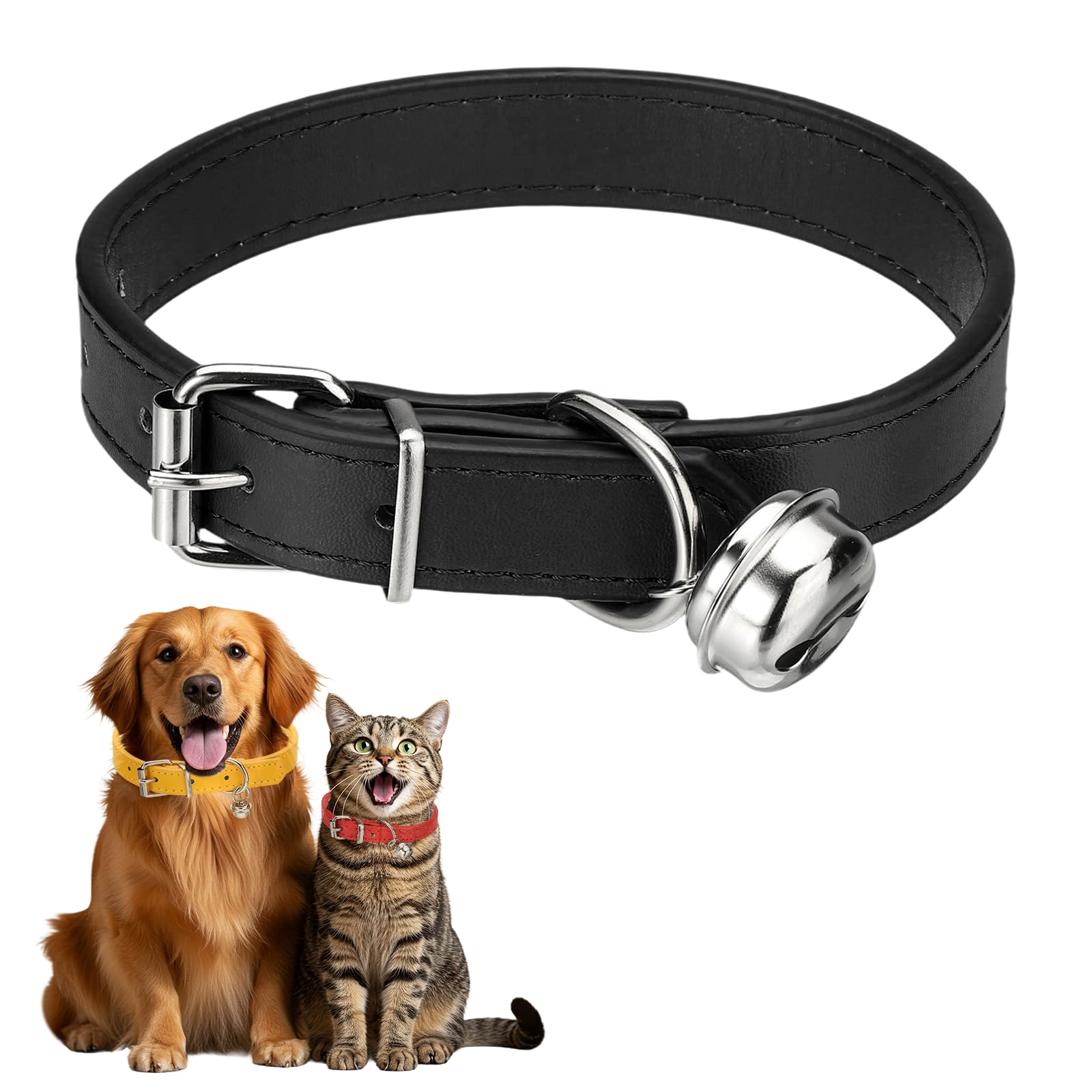 sourcing map Dog Collar with Bell, Pu Leather Cat Collars Pet Basic Soft Padded Adjustable Buckle, 16" (Black, 1 Pcs), Intended for Teacup/Little Dog/Kitten Cats/Small Animals — image 1