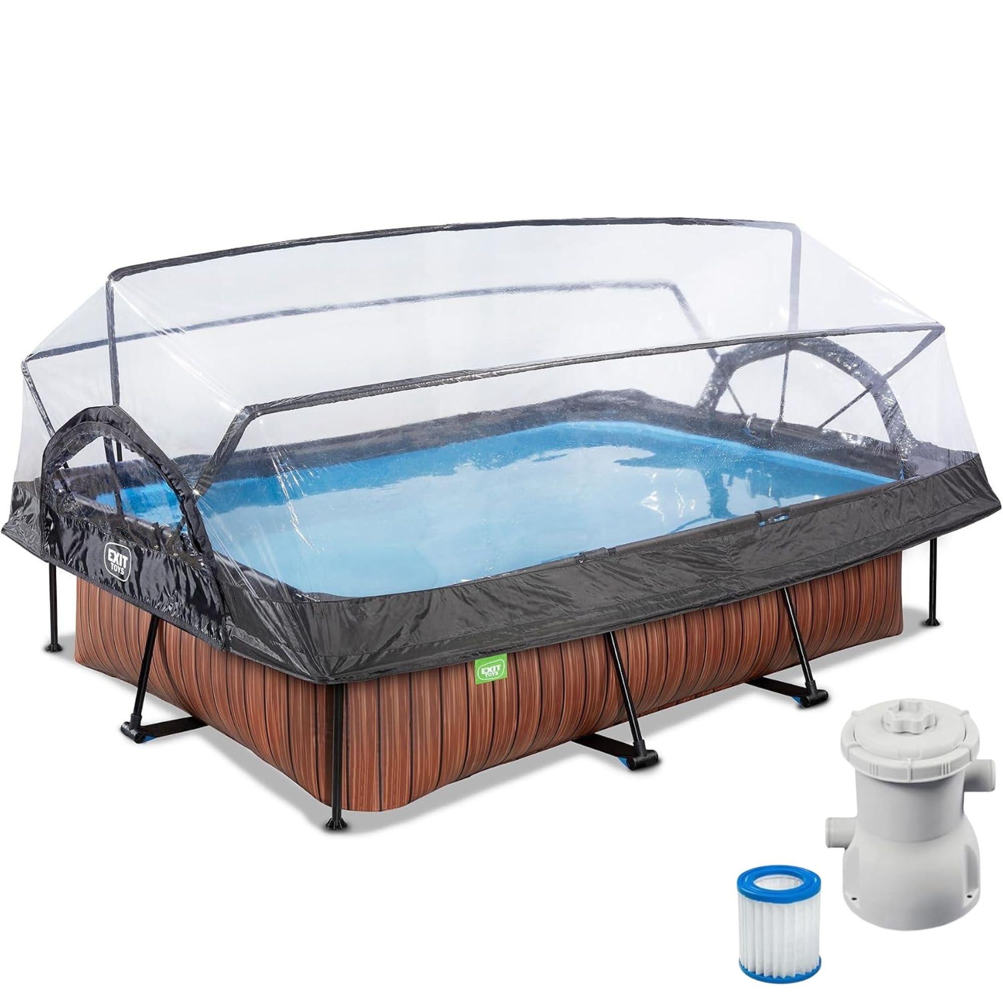 EXIT Piscine en Bois 300x200x65cm avec Pompe filtrante et auvent - Marron