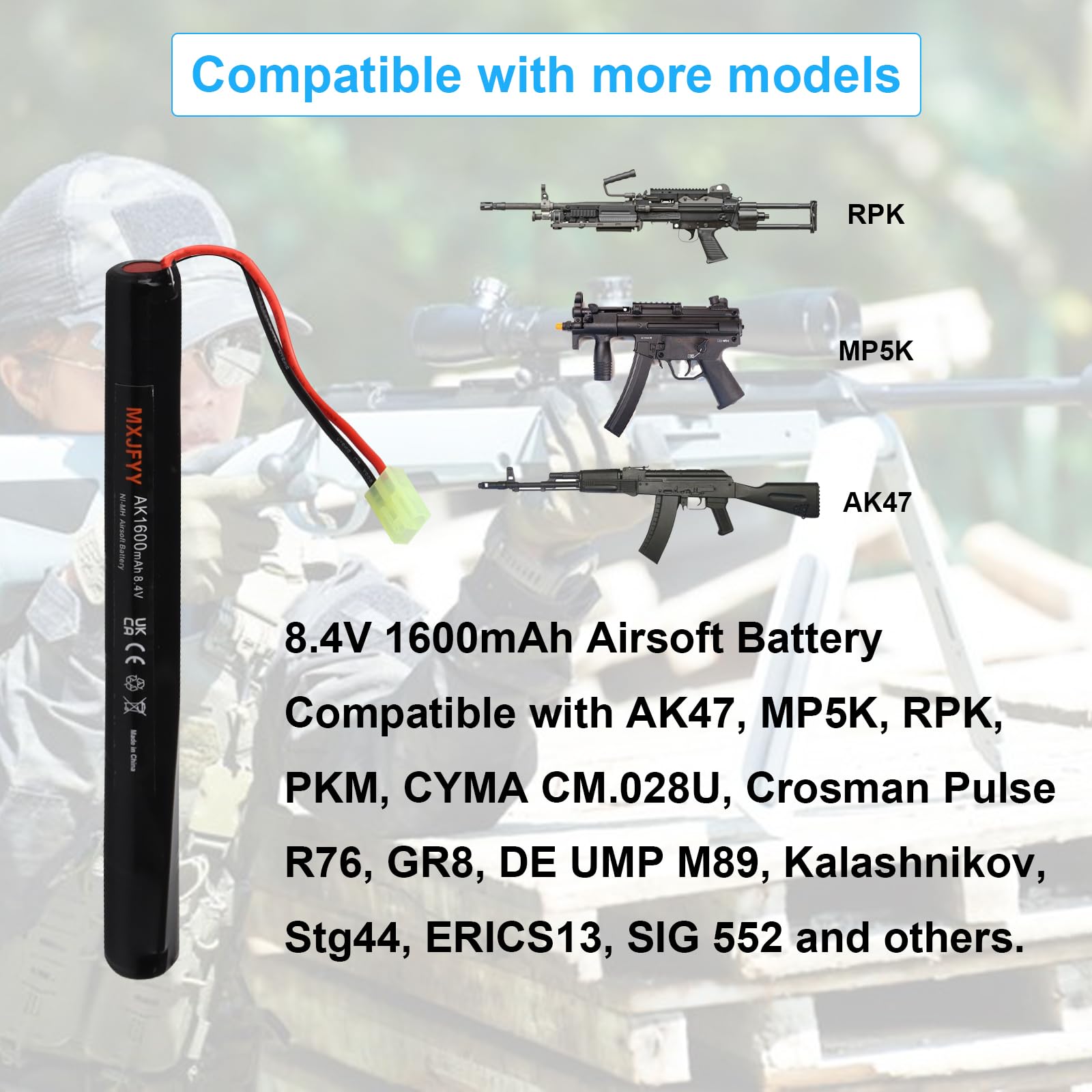 2 pezzi 8,4 V 1600 mAh batteria ricaricabile Airsoft, batteria NiMH 2/3 A per pistole Airsoft RPK PKM G36C AK47 MP5K modelli