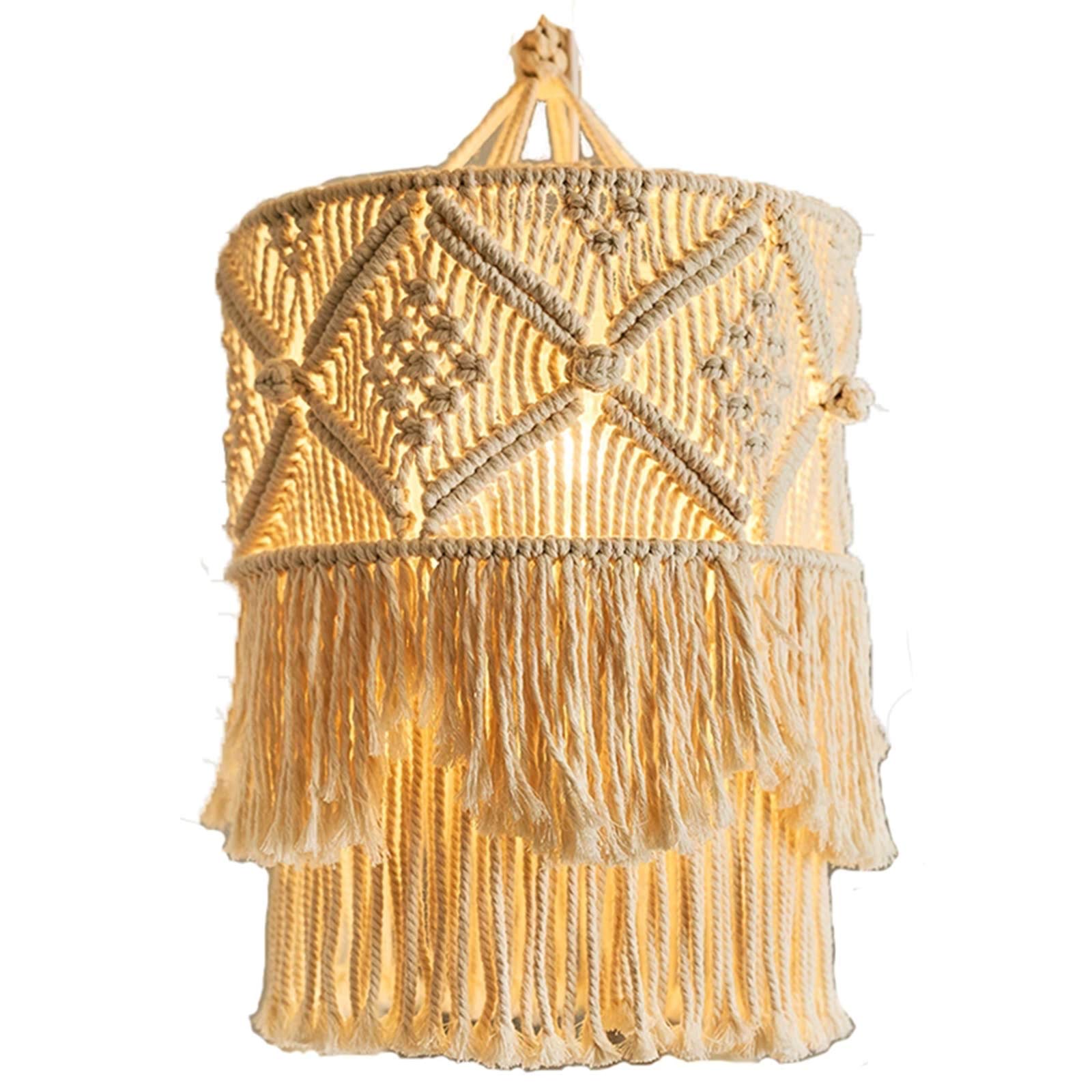ZLASS Macrame Lamp Shade, Bohemian Macrame Lantern Lamp Shape, Handmade Cotton Tassel Chandelier Lampshade, Used For Bedroom, Living Room And Dormitory Decoration