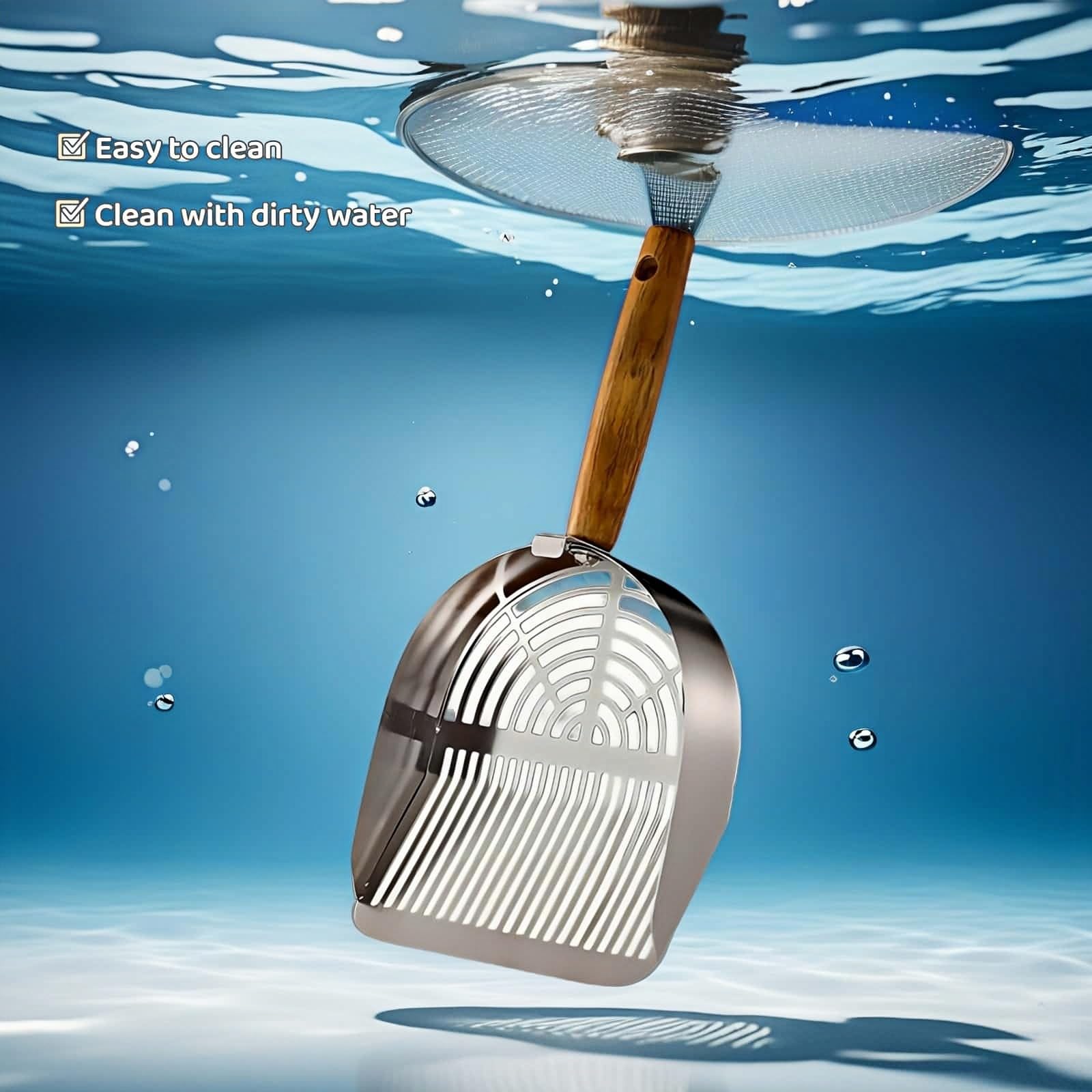 Premium Stainless Steel Cat Litter Scoop-Triple Guard Walls&Non-Stick Design,Silver,Flat Shovel Head Design Solid Deep Edge Wood Handle,Dual Hooks 1Pack,6.1x5.3inch (Silver long strip) (Silver) - image 8