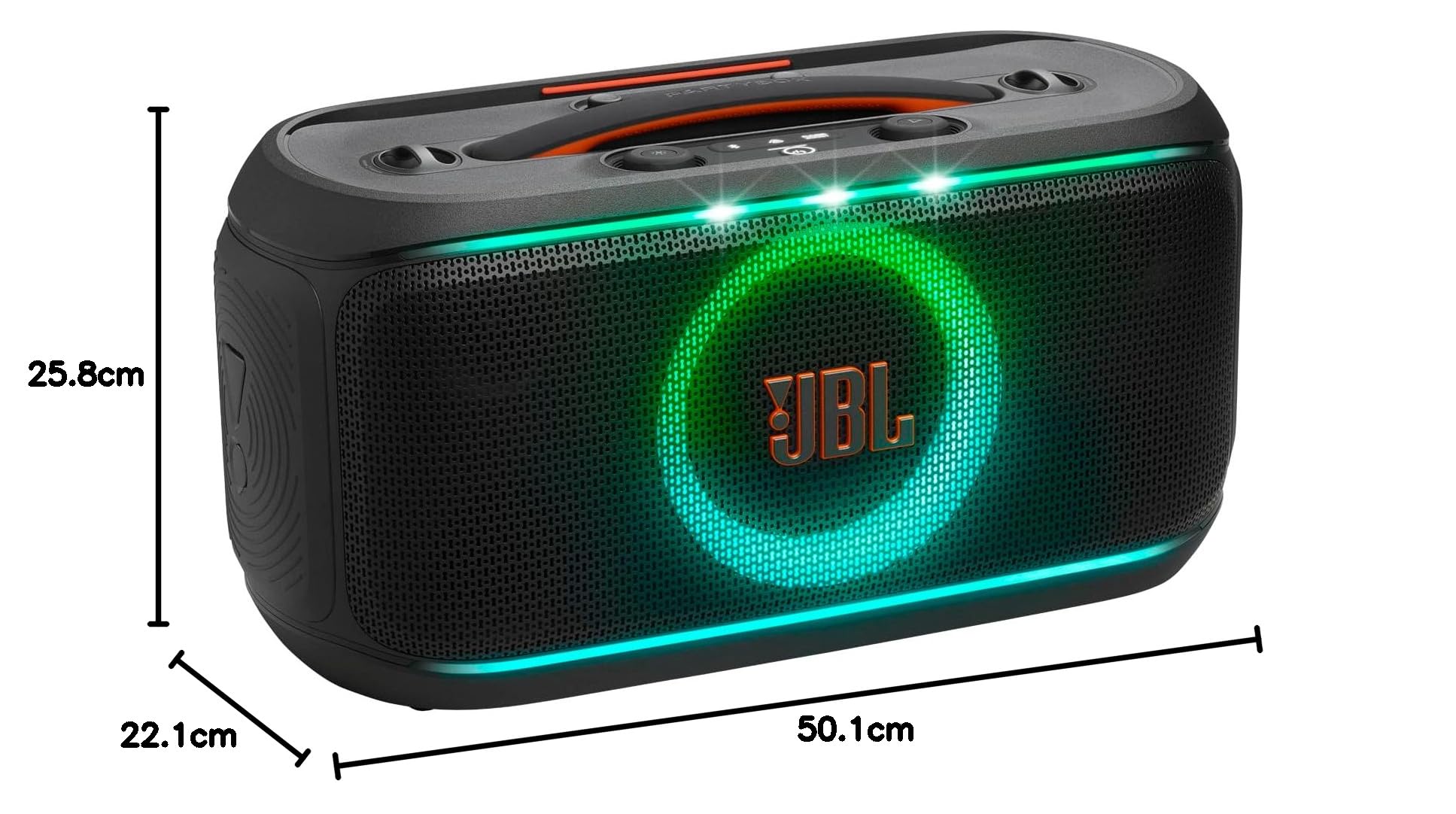 JBL PartyBox On-the-Go 2 Diffusore Party Wireless con Microfono, Gioco di Luci Dinamico, 15 Ore di Autonomia, Resistenza IPX4, JBL Pro Sound e Connessione Multi-speaker Auracast, Nero