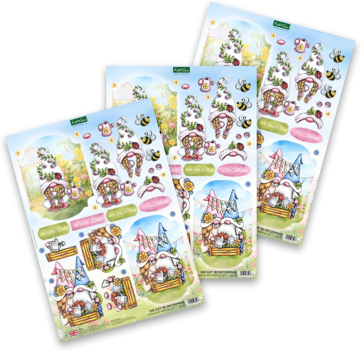 Katy Sue Garden Gnomes Die-Cut Decoupage Pack. 12 Sheets of Gnome, Gonk & Garden-Themed Die Cuts for Card Making Supplies with Sentiments & Card Toppers on 150 GSM Paper. UK-Made.