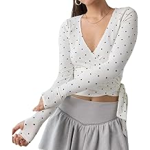 Hixiaohe Womens Tie Front Ballet Wrap Top Polka Dot Long Sleeve V Neck Yoga Pilates Cross Crop Tops Slim Fit Workout Shirts