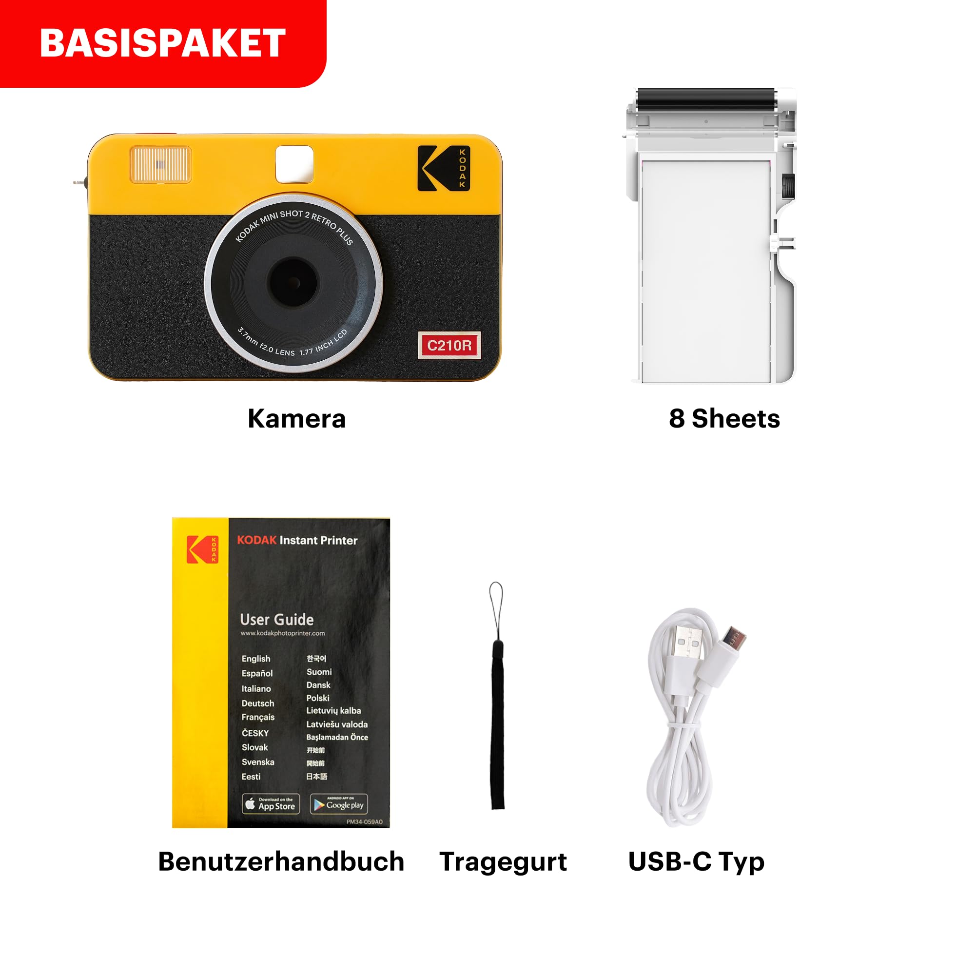 KODAK Mini Shot 2 Retro 4PASS 2-in-1 Sofortbildkamera und Fotodrucker (5,3x8,6cm) + 8 Blatts, Gelb