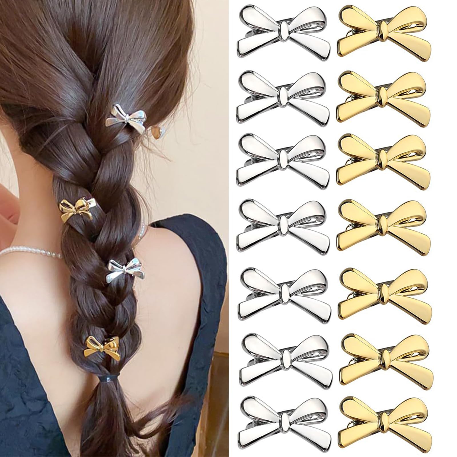 16 pcs Gold Silver Bow Small Hair Clips Metal Mini Bowknot Alligator Hair Clips Duckbill Hairpin Clips for Women Girls Daily Hair Accessories