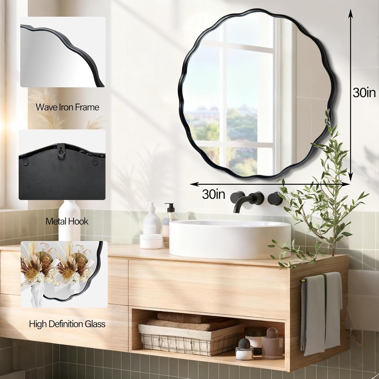 Black Round Wavy Mirror 30 Inch ，Circle Bathroom Vanity Mirror with Mental Frame Modern Decorative Wall Mirror for Living Room Hallway