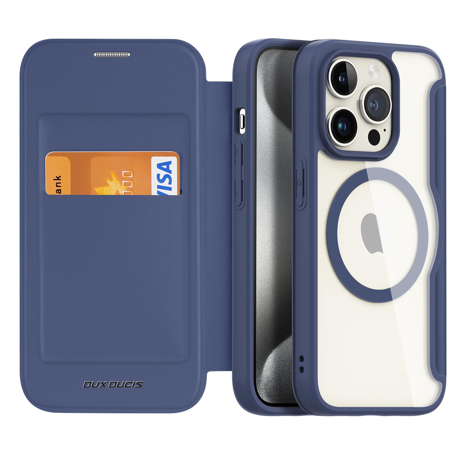 DUX DUCIS Magnetyczne etui do iPhone 15 Pro, [kompatybilne z MagSafe], skórzane etui z klapką premium, z blokadą RFID, przezroczyste, odporne na wstrząsy etui na telefon Apple iPhone 15 Pro