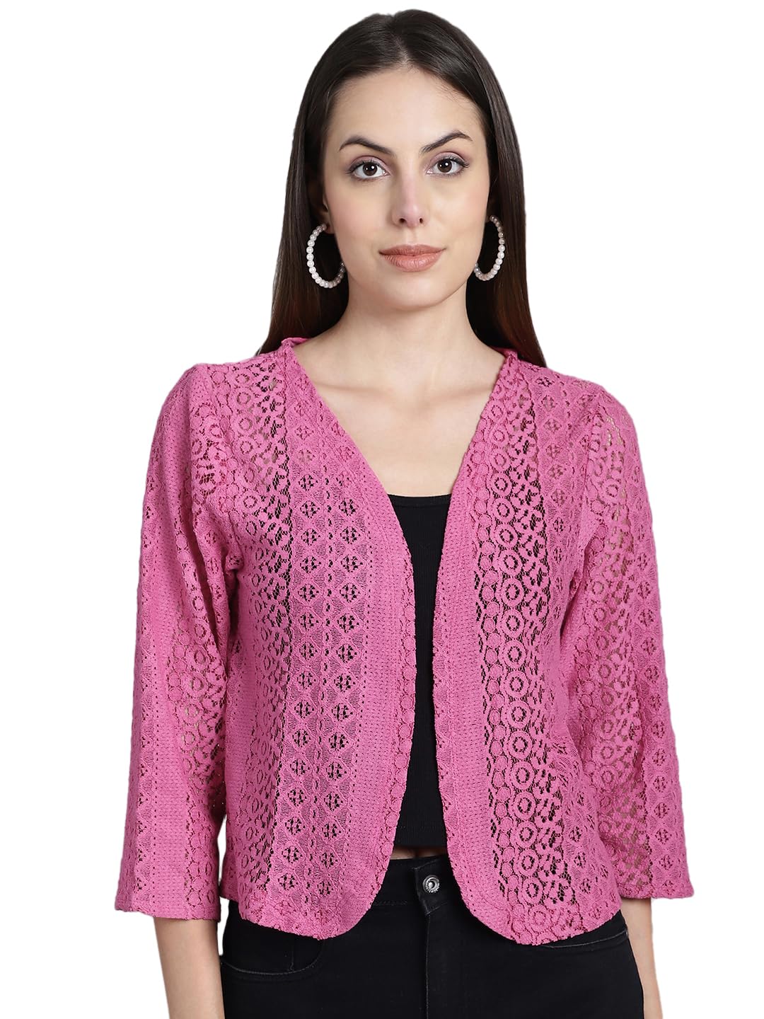 dressitude Women Front Open Self Designed 3/4th Sleeves Lace Shrug-picture-23
