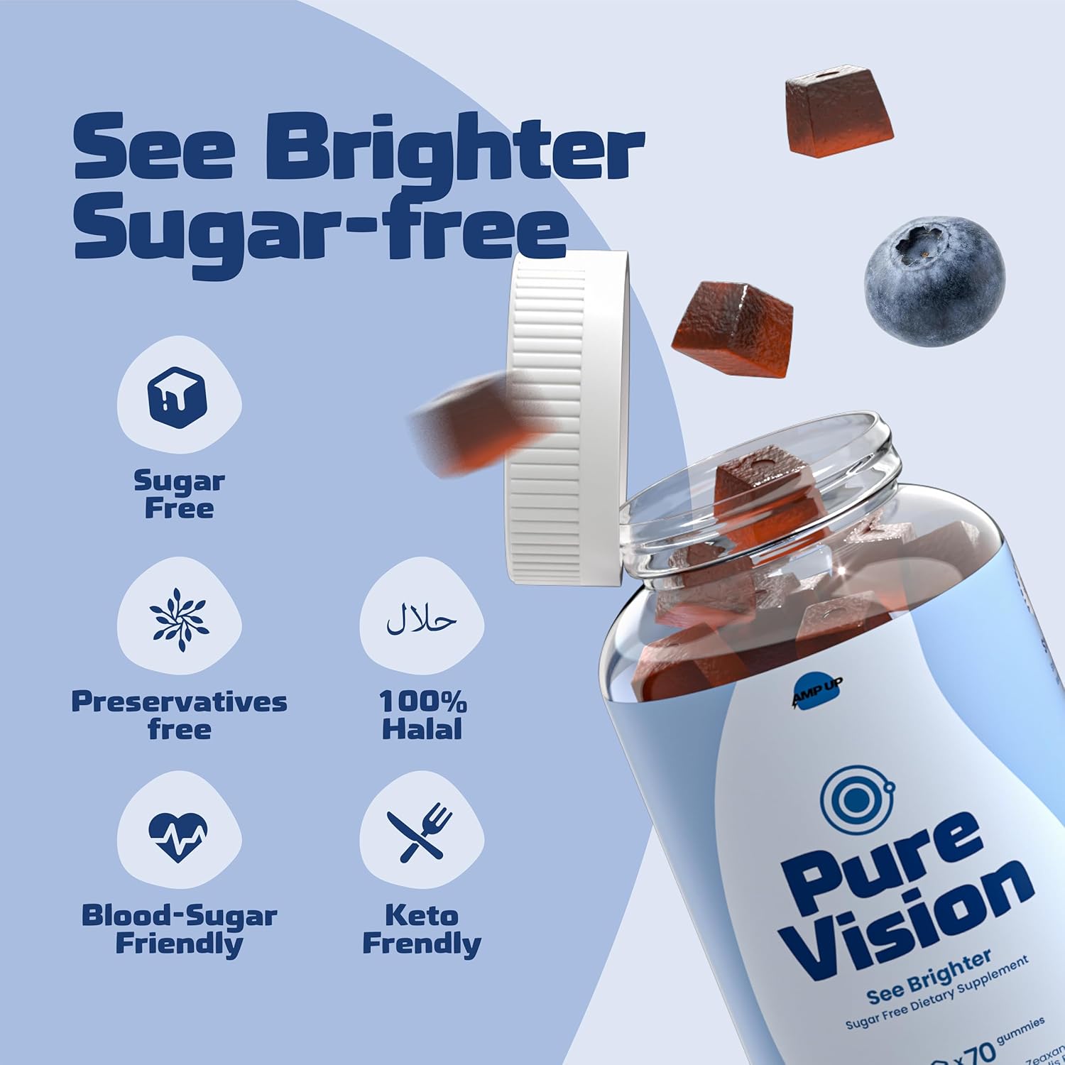 AmpUp Vision Wellness Sugar-Free Gummies with Lutein & Zeaxanthin, Bilberry & Vitamin A + E, Gluten Free, Gelatin Free, Non GMO, Vegetarian, Blueberry Flavor, 70 Gummies (2)