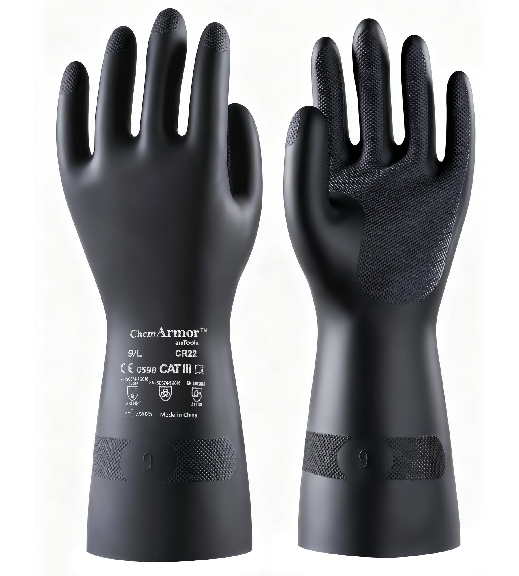 AnTools 2 Pairs Heavy-Duty Chemical Resistant Rubber Gloves, Protective Industrial Gloves for Cleaning, Dishwashing, Resist Acid, Alkali, Hazmat, Black, Medium