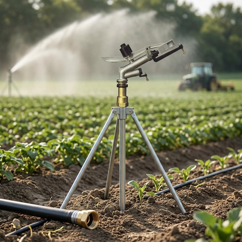 Suinga Cañón de Riego Ibis con Trípode Metálico | Aspersor Agrícola Circular 360° | Conexión 1" Hembra | Alcance de 13 a 23 Metros | Aspersor de Gran Caudal para Cultivos, Jardines y Fincas