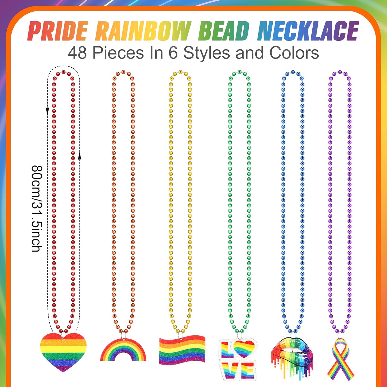 48 Pieces Pride Month Necklaces Rainbow Beaded Gay Pride Necklaces Bead Accessories Metallic Rainbow Love Beaded Necklace for Lgbt Party Supplies Decoration