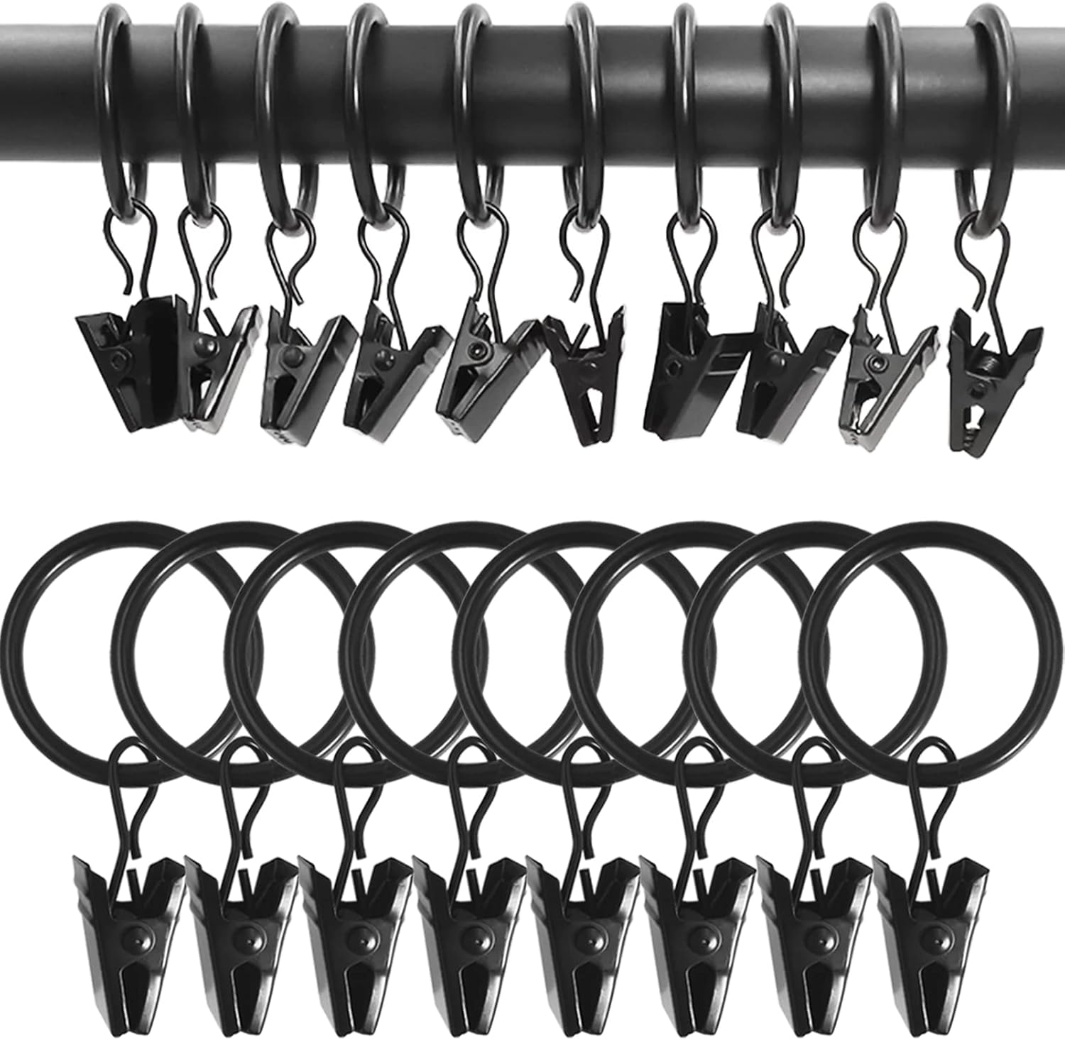 WeeksEight 100 Pack Black Curtain Rings with Clips, Curtain Hooks Hangers Clip Rings for Hanging Drapes Bows Hat, Drapery Rings 1 in I D, Fits up to 5/8 in Diameter Curtain Rod.