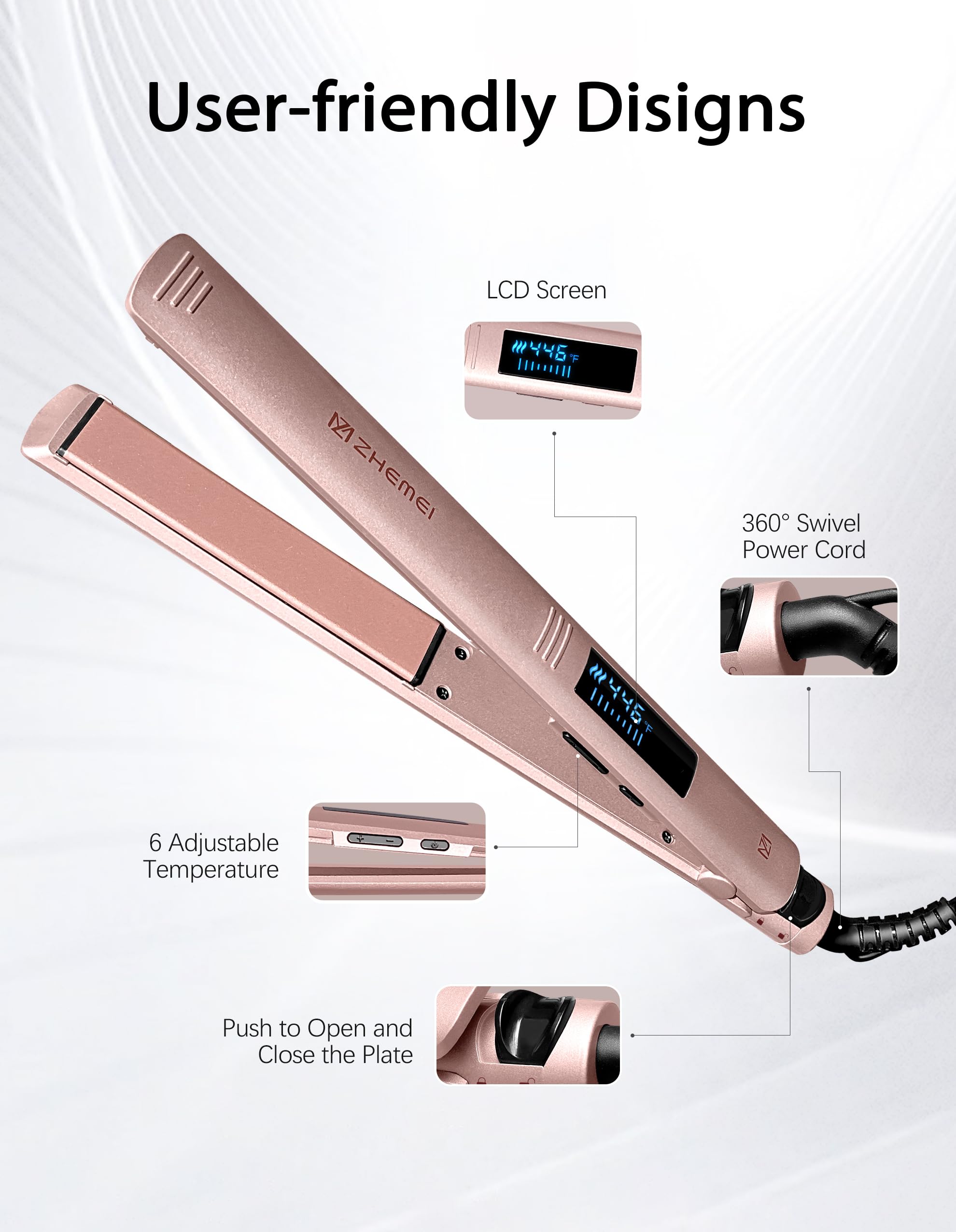 Plancha plana de 1 pulgada con pantalla LED, plancha profesional PTC cerámica de iones negativos, plancha de pelo de doble voltaje para cabello de mujer, calienta hasta 230.0 °C, 6