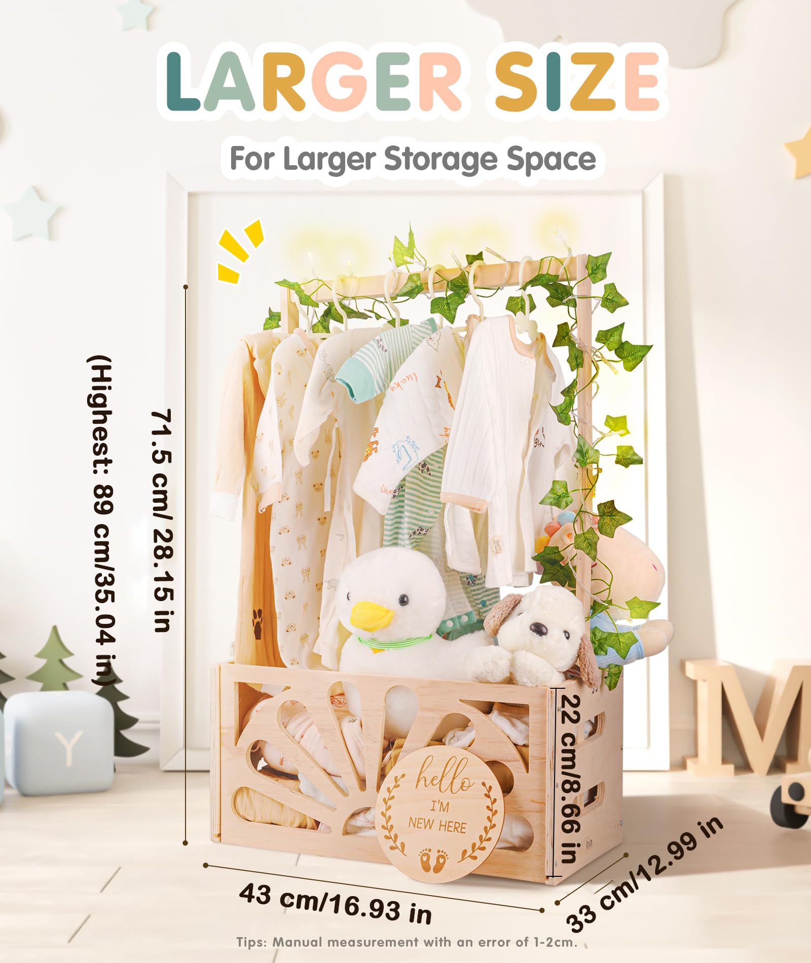Wooden Baby Shower Crate Closet-Baby Shower Basket with Handle Hanger Rack String Lights Welcome Gift Basket Wooden Crate for Baby Shower Newborn Boys Girls Pregnancy Gifts for New Parents X-Large