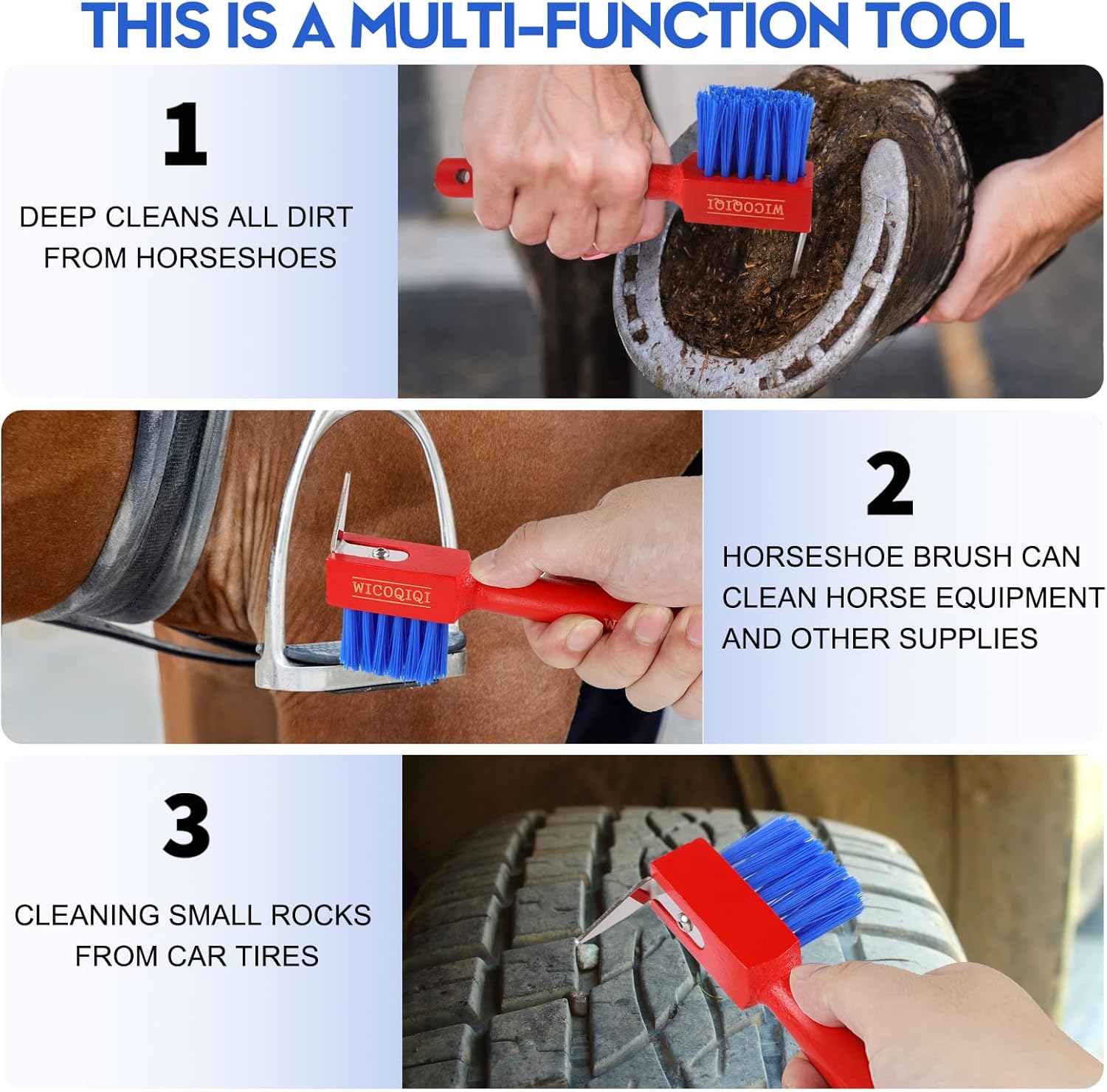 Horse Hoof Pick Brush with Solid Wood Handle, WICOQIQI Upgraded Version Rugged Portable Horse Grooming Brush. Hoof Pick with Brush is Suitable for Cleaning Horse and Goat Hooves. (New red) : Pet Supplies