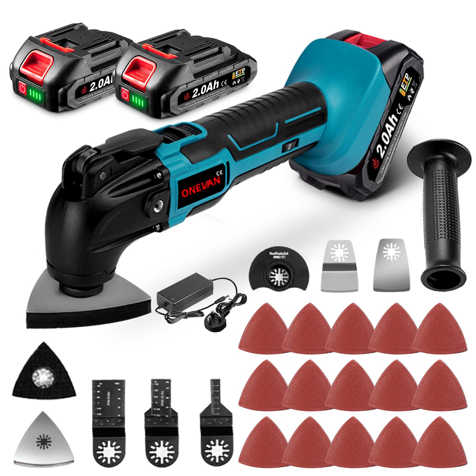 Multitool Cordless Oscillating Tool - 600W Brushless Multi Tool, 4° Oscillation Angle, 6 Variable Speed, 2 * 2.0Ah Batteries, Oscillating Multi-Tool with 22 Saw Accessories for Cutting, Grinding DIY