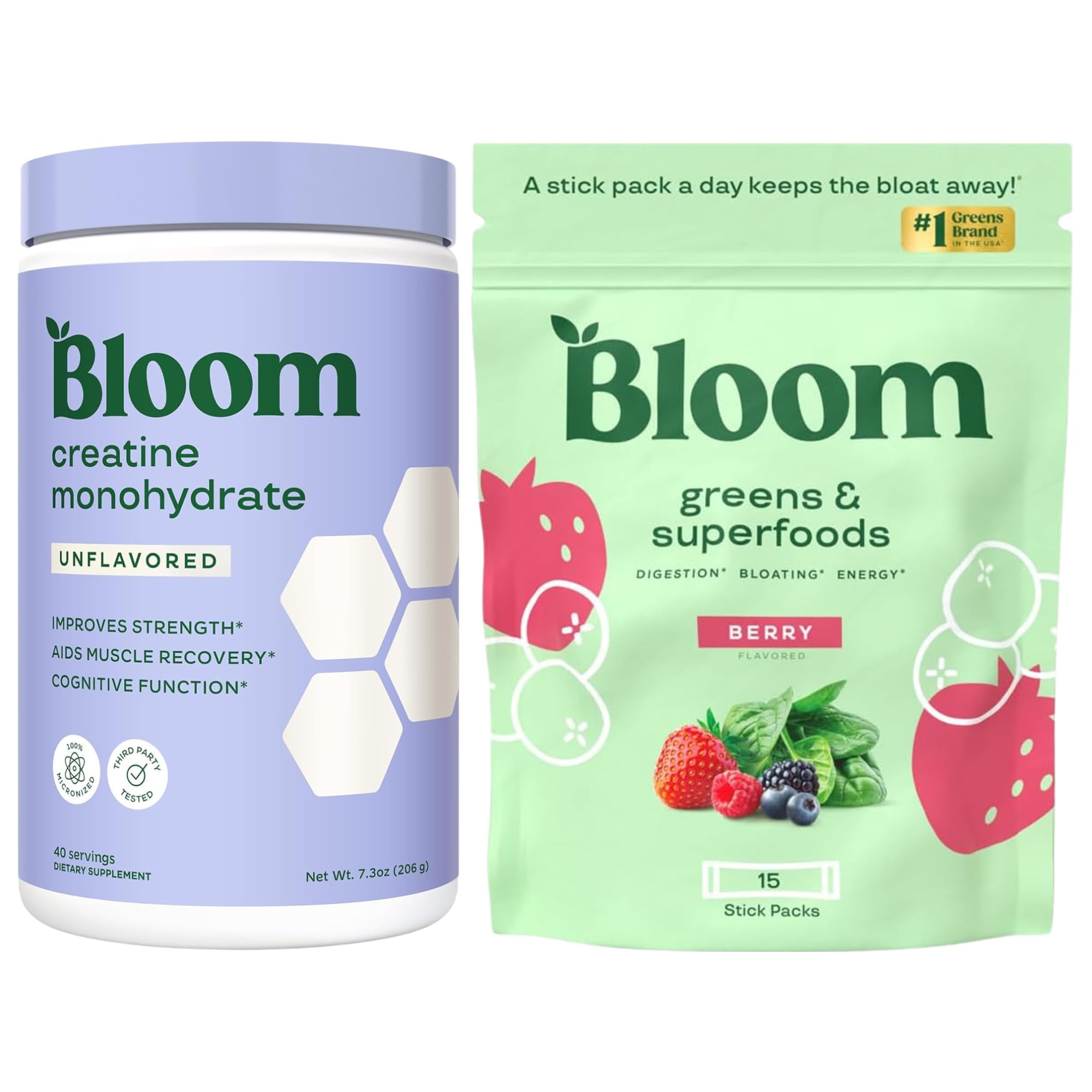 Bloom Unflavored Creatine and Berry Greens Stick Packs Bundle