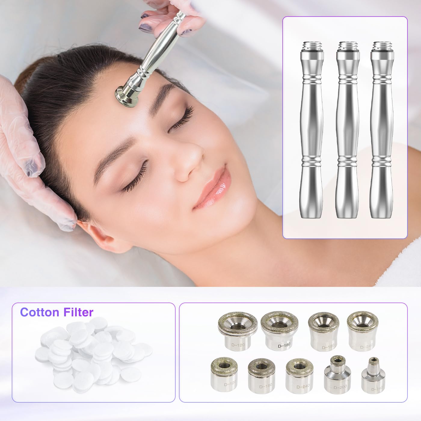 Recambios de puntas de microdermoabrasión de diamante, 3 varitas, 9 puntas de dermoabrasión de repuesto con 50 filtros de algodón para pelar de dermoabrasión de diamante, cuidado facial de la piel
