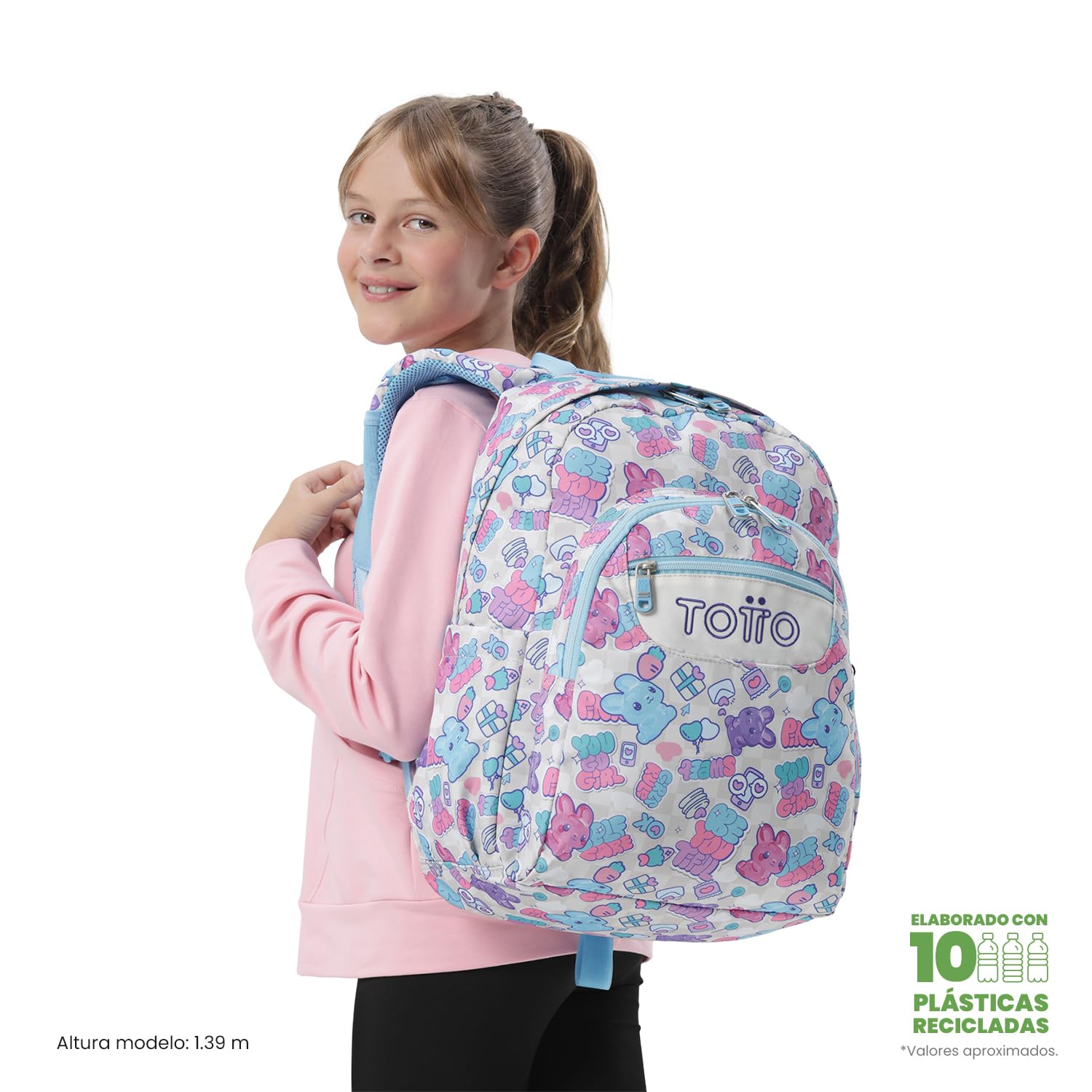 TOTTO - Pack Mochila Escolar Adaptable a Carro, 20L, Modelo Acuareles + Estuche 3 Compartimentos Modelo Agapec