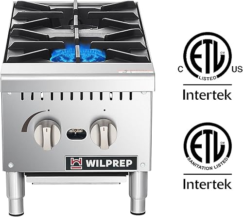 Miniatura 2 de WILPREP Cocina de gas para encimera, estufa de gas de encimera de 2 quemadores con 50000 BTU, estufa de gas propano de 12 pulgadas con rejillas de