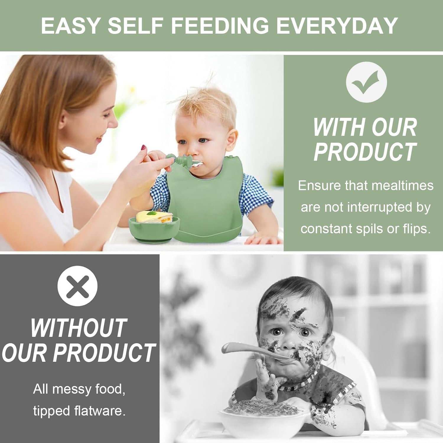 SHIKSHA PATRI 6PCS Silicone Baby Feeding Set – Suction Plate, Bowl   , Bib, Spoon, Fork, Cup – BPA-Free, Non-Toxic, Microwave & Dishwasher Safe for Toddlers 6+ Months (Green) - Image 5 thumbnail