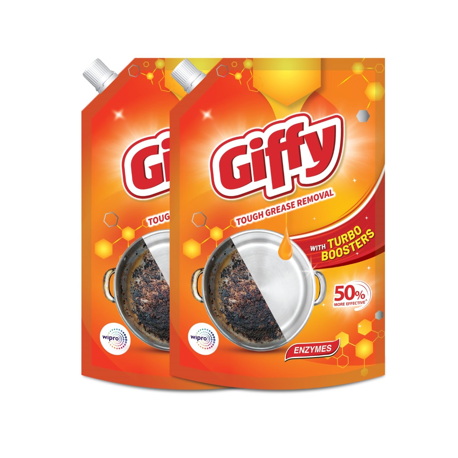 Giffy Liquid Dishwash Gel 900ml (Pack of 2) | Enzymes | 50% More Effective | Tough Grease Removal Expert | Turbo Boosters | Mild fragrance | Removes Tough Malodour | Hand-Safe