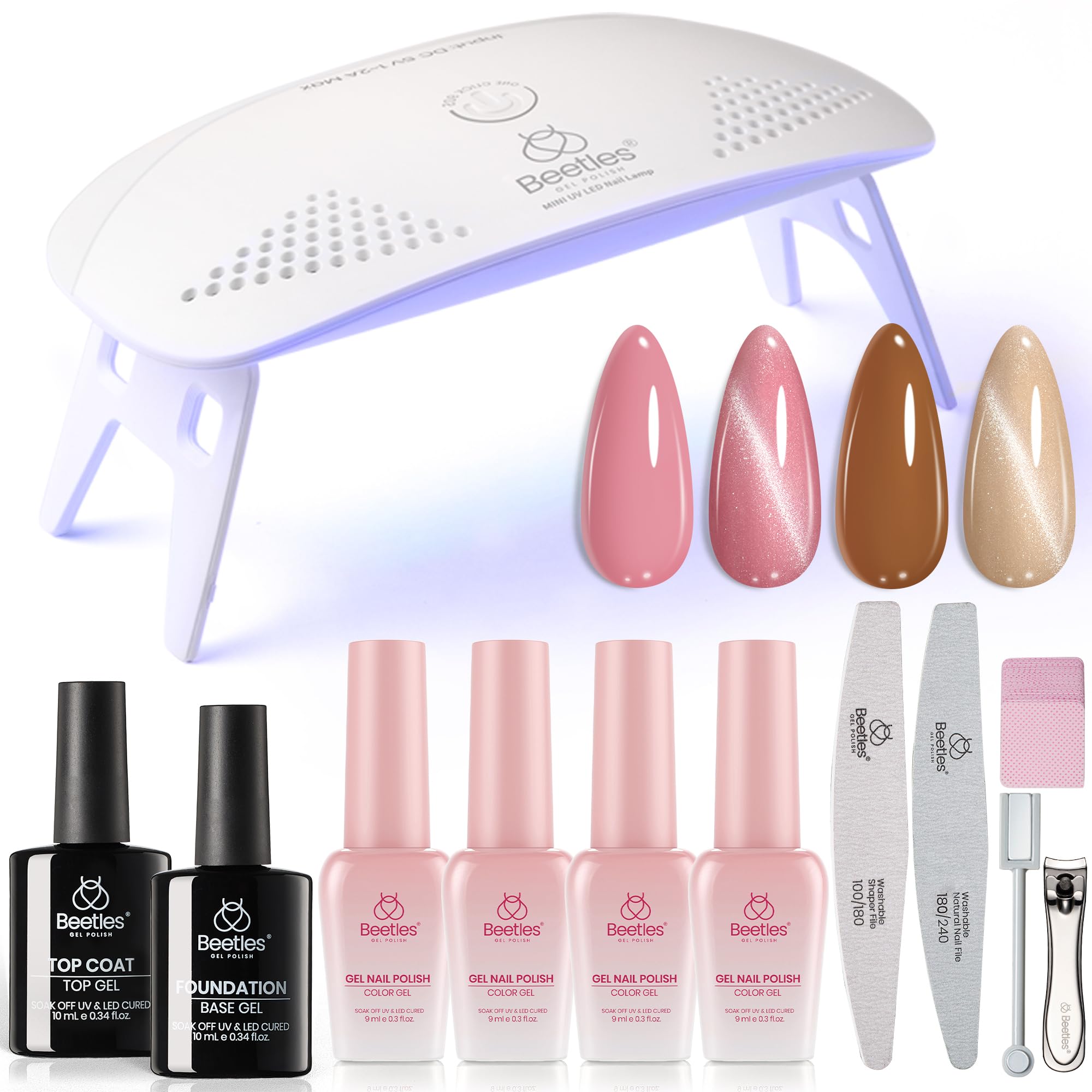 Beetles 12 Pcs Gel Nail Polish Kit with U V Light, 4 Colors Cat Eye Gel Nail Pink Champagne Kit with Base Top Coat for Beginners, Soak Off Nail Lamp Uv LED Cured Dust Rose Nail Art for Women