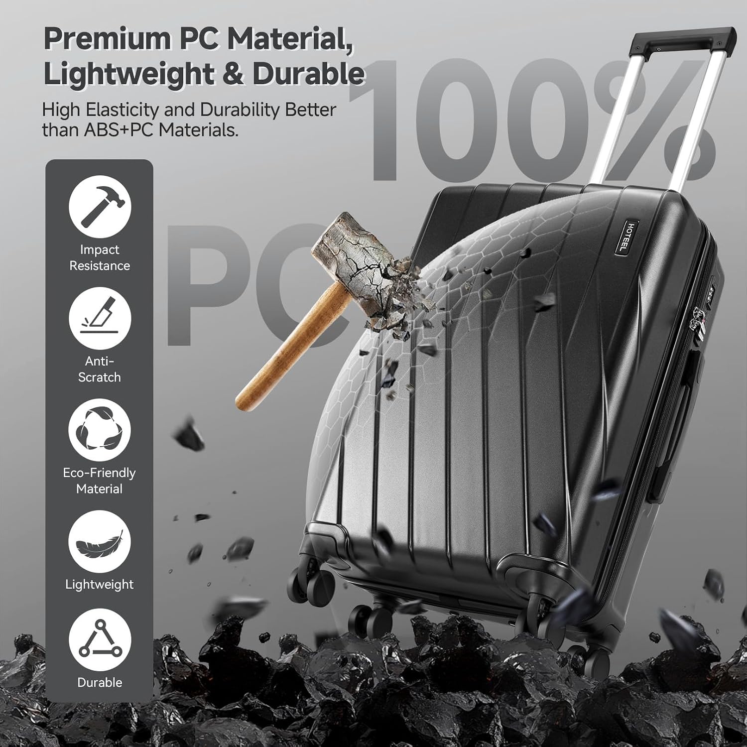 Hoteel Luggage Sets 3 Piece PC Hardside, 4-Year Warranty, Luggage Set with Spinner Wheels, TSA Lock, YKK Zipper, Lightweight Carry on Luggage, 20" Suitcase with Fitness Duffel & Organizer, Black