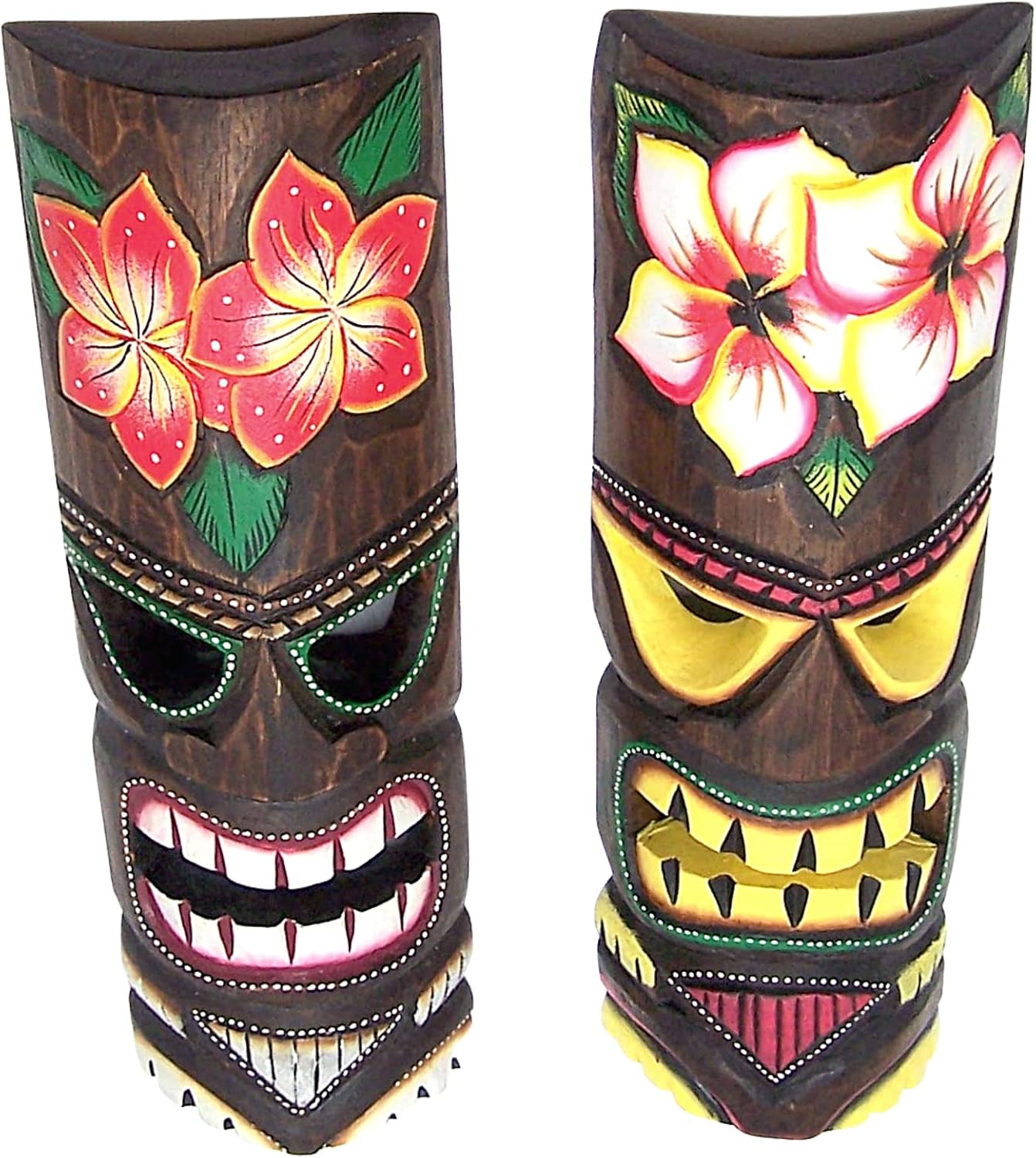 Wowser Hand Crafted Hawaiian Style Floral Tiki Masks, Wall Décor, Set of 2 Assorted Designs, Approximately19 Inches
