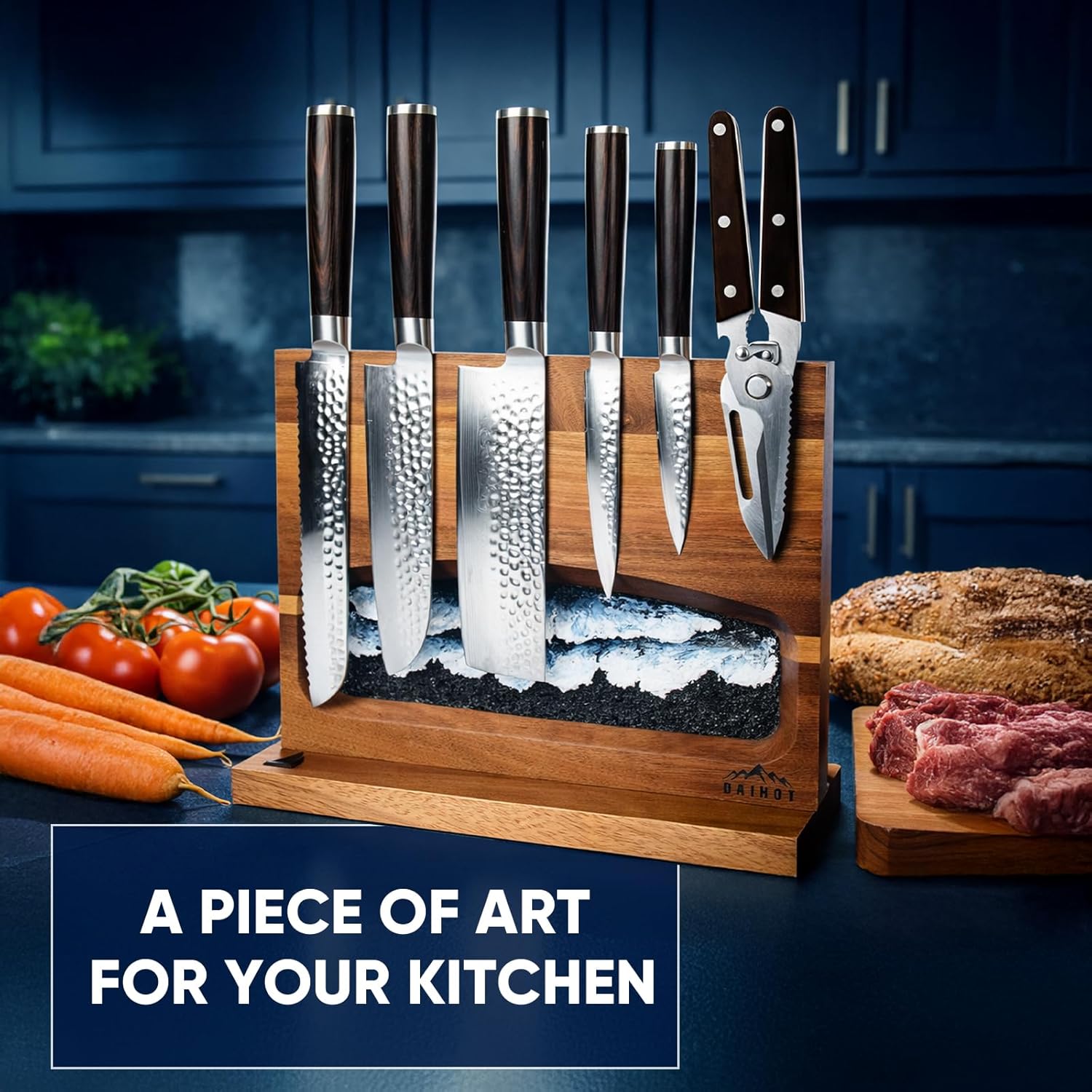 Magnetic Knife Block, Double Sided Kitchen Knife Holder for Countertop, Freestanding Acacia Wood Knife Organizer with Hand-Painted Wave Textured Abstract Painting (Black Blue)