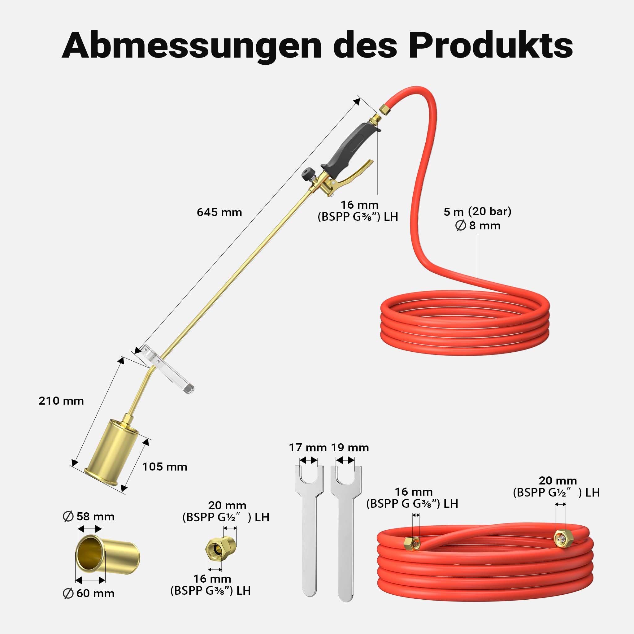 Wiltec Unkrautbrenner bis 1850°C Gasbrenner mit 80kW, Abflammgerät für Unkraut, 85 cm Unkrautvernichter, Dachbrenner mit 5 m Schlauch