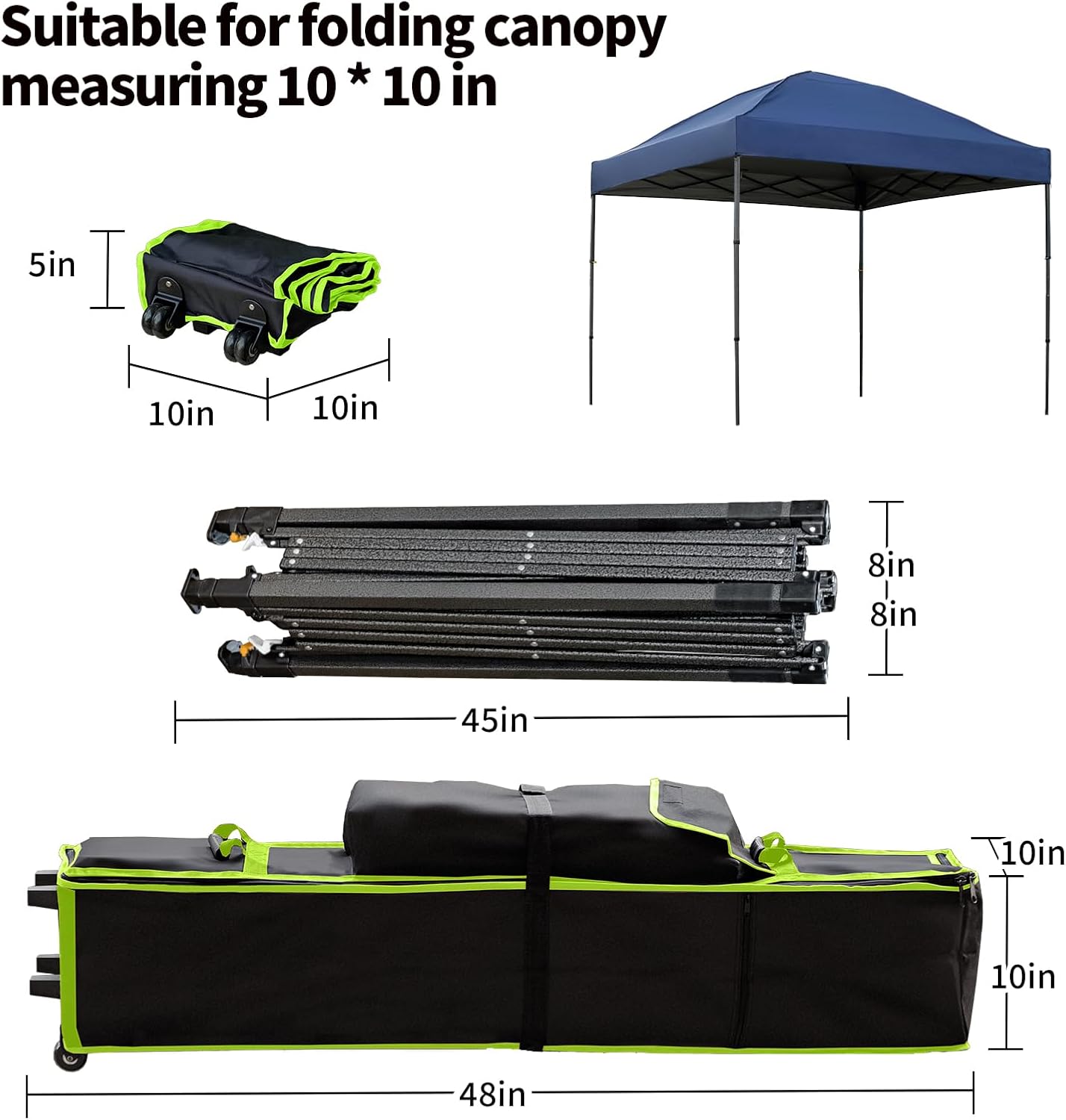 Pop Up Canopy Bag, Tent Storage Bag Replacement Part Outdoor Canopy Carrying Case with Handles and Rollers 800D Waterproof Oxford Fabric (Black&Green, 10x10x48in)