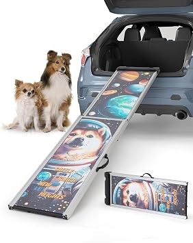 COZIWOW Extra-Long Foldable Aluminum Dog Ramp for Car SUV, 330LBS Heavy Duty Pet Ramp with Handles, Gentle Slope for Joint Care, Portable for Small Medium Large Senior Dogs