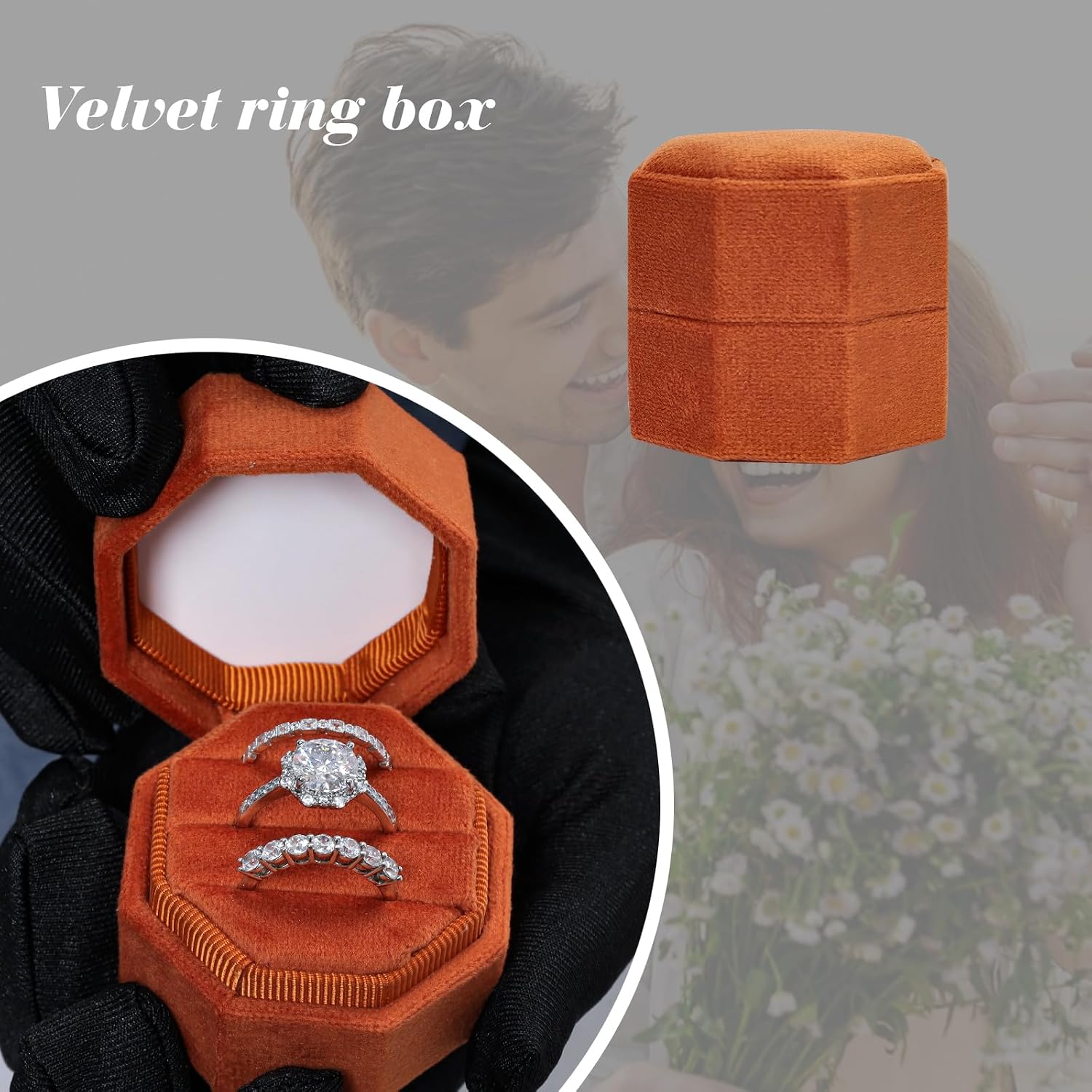 Gvhntk Velvet 3 Slots Jewelry Ring Box Vintage Octagon Ring Display Holder Gift Premium Gorgeous Case with Detachable Lid for Wedding Engagement Proposal Keepsake Ceremony (Burnt Orange) image 2