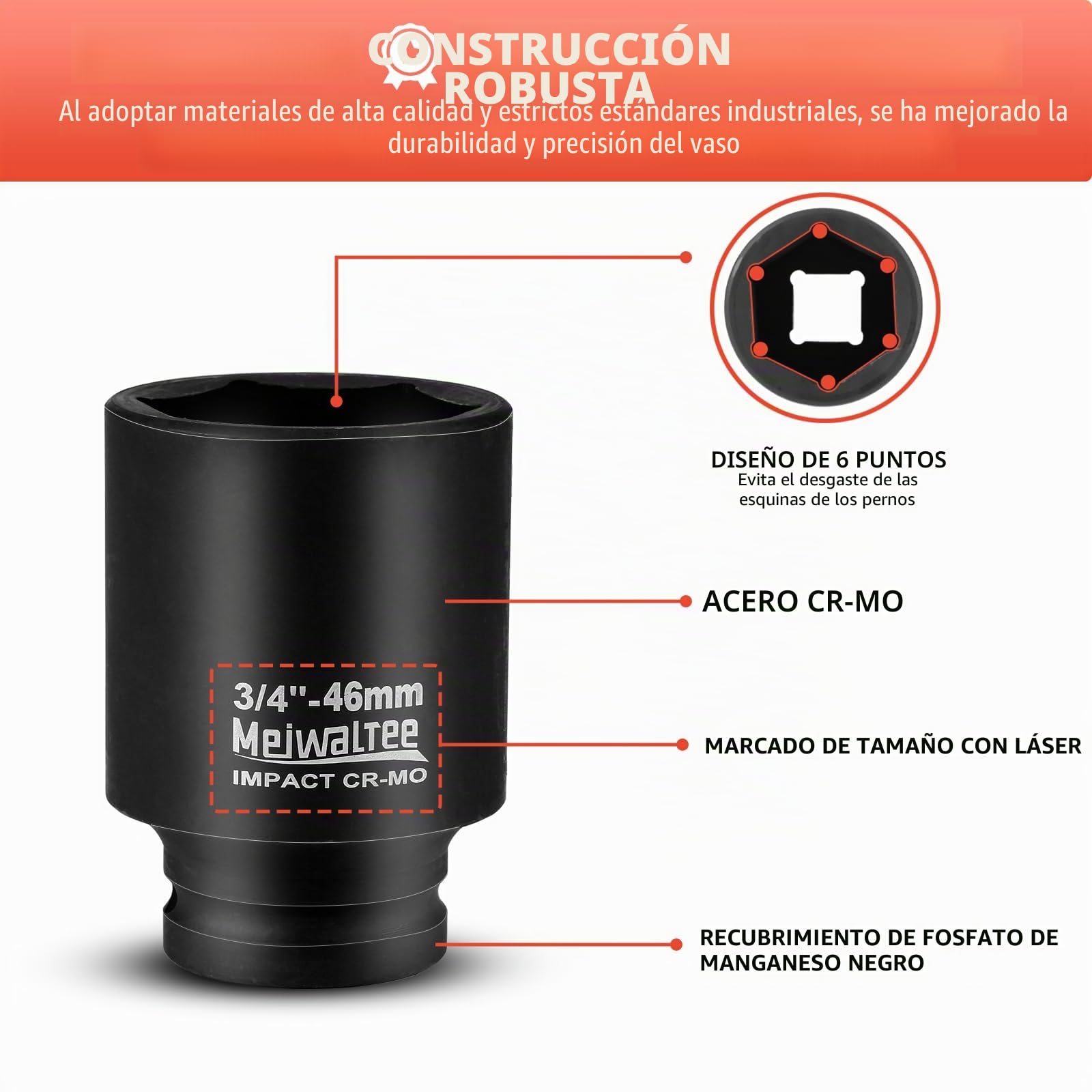 3/4" Juego de Llaves de Impacto | 17 - Piezas Jumbo Surtido de Llaves de Impacto Profundo Tamaños Métricos 17-38MM | Barra de extensión | 6 Puntos Torque | Acero Cr-Mo.