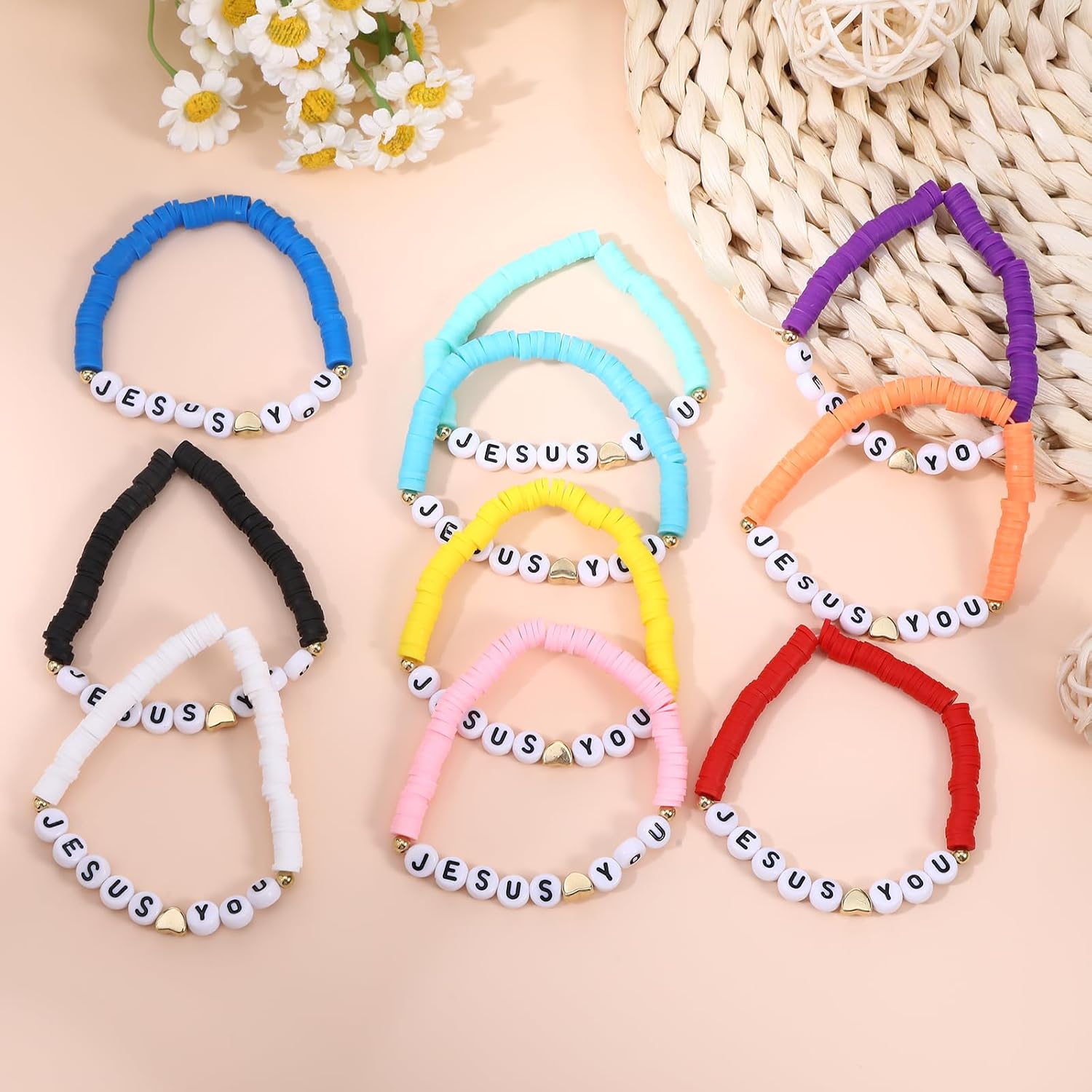 30PCS Jesus Loves You Bracelets Clay Bead Christian Jesus Bracelets Bulk for Men&Women,Friendship Wristbands First Communion Sunday Chrismas Easte