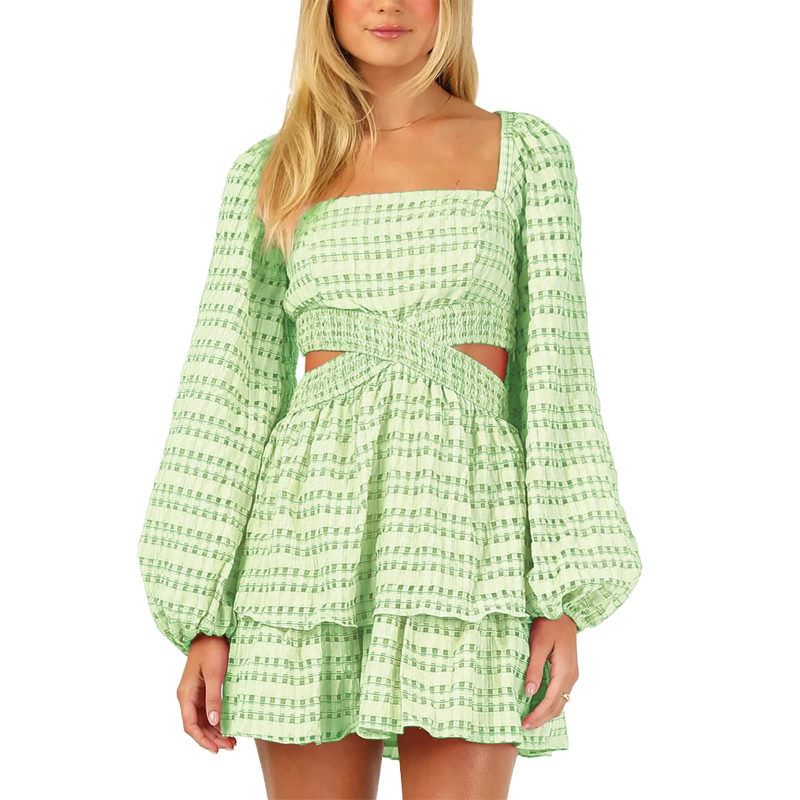 Shy Velvet 2023 Summer Dresses for Women Square Neck Crossover Waist Long Sleeve Dress Party Club Mini Dress