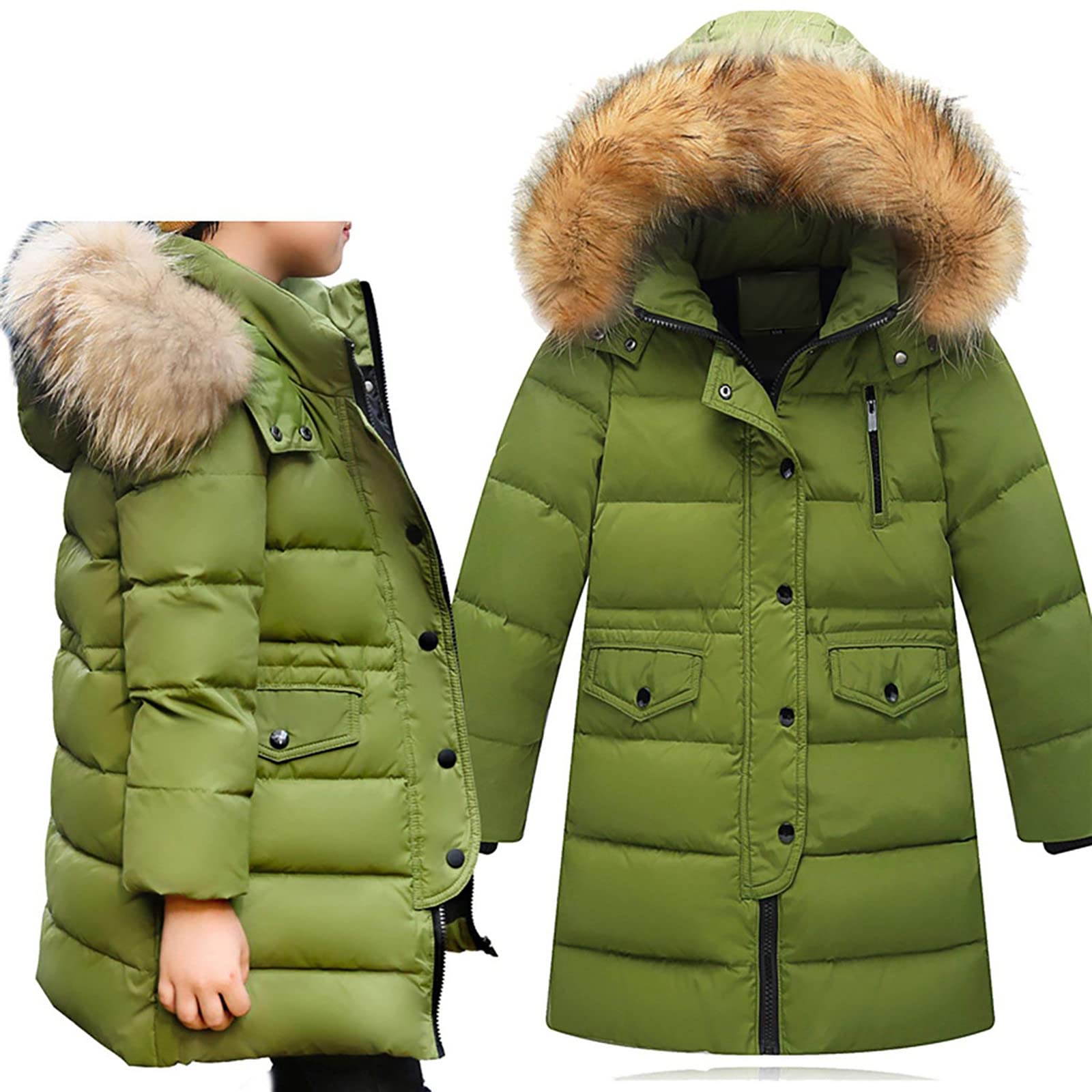 Cappotti invernali per bambini, lunghi in tinta unita, con cappuccio, spessi, caldi e caldi, in cotone, tinta unita, con calda pelliccia sintetica, verde, 160