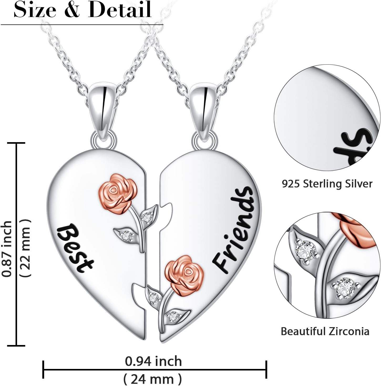 DAOCHONG S925 Sterling Silver Best Friend Couple Bestie Necklaces Heart 2 Piece Women Teen Stitch Friendship BFF Pendant Set for Rose Flower