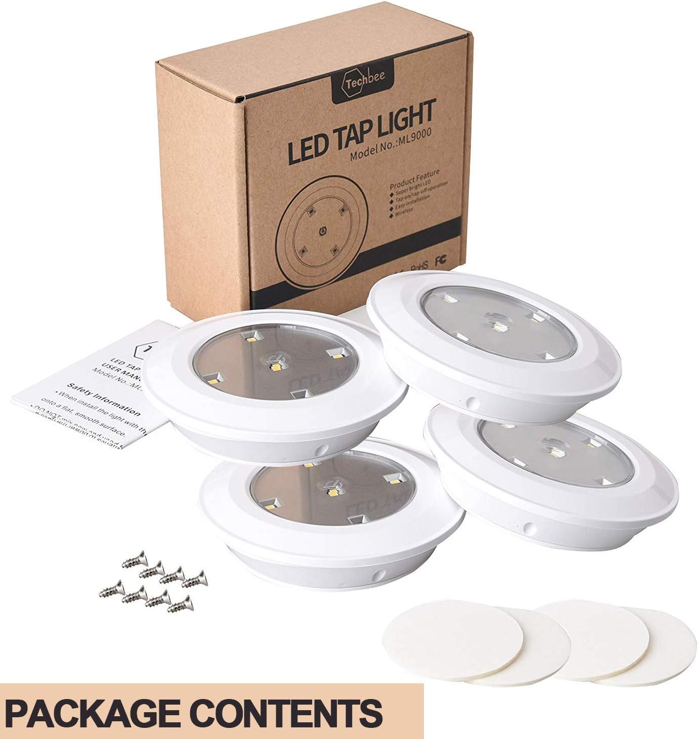 Tap Lights 4 Pack LED Battery Operated Stick On Lights Wireless Closets Cabinets Cupboards Lights Puck Lights, White