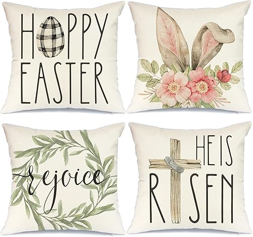 GEEORY Juego de 4 fundas de almohada de Pascua de 18 x 18 pulgadas, decoraciones de Pascua para el hogar He is Risen, almohadas florales de conejito