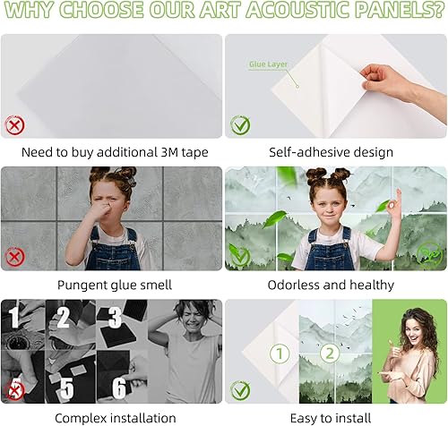 Miniatura 5 de Paneles acústicos artísticos, paquete de 8 paneles a prueba de sonido para paredes, 48 x 32 pulgadas, arte de pared autoadhesivo, paneles acústicos