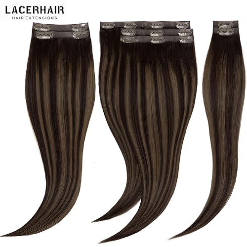 Vista 112 de Lacer Extensiones de cabello humano con clip, de doble trama, cabello brasileño de cabeza completa, color negro azabache, extensiones de cabello